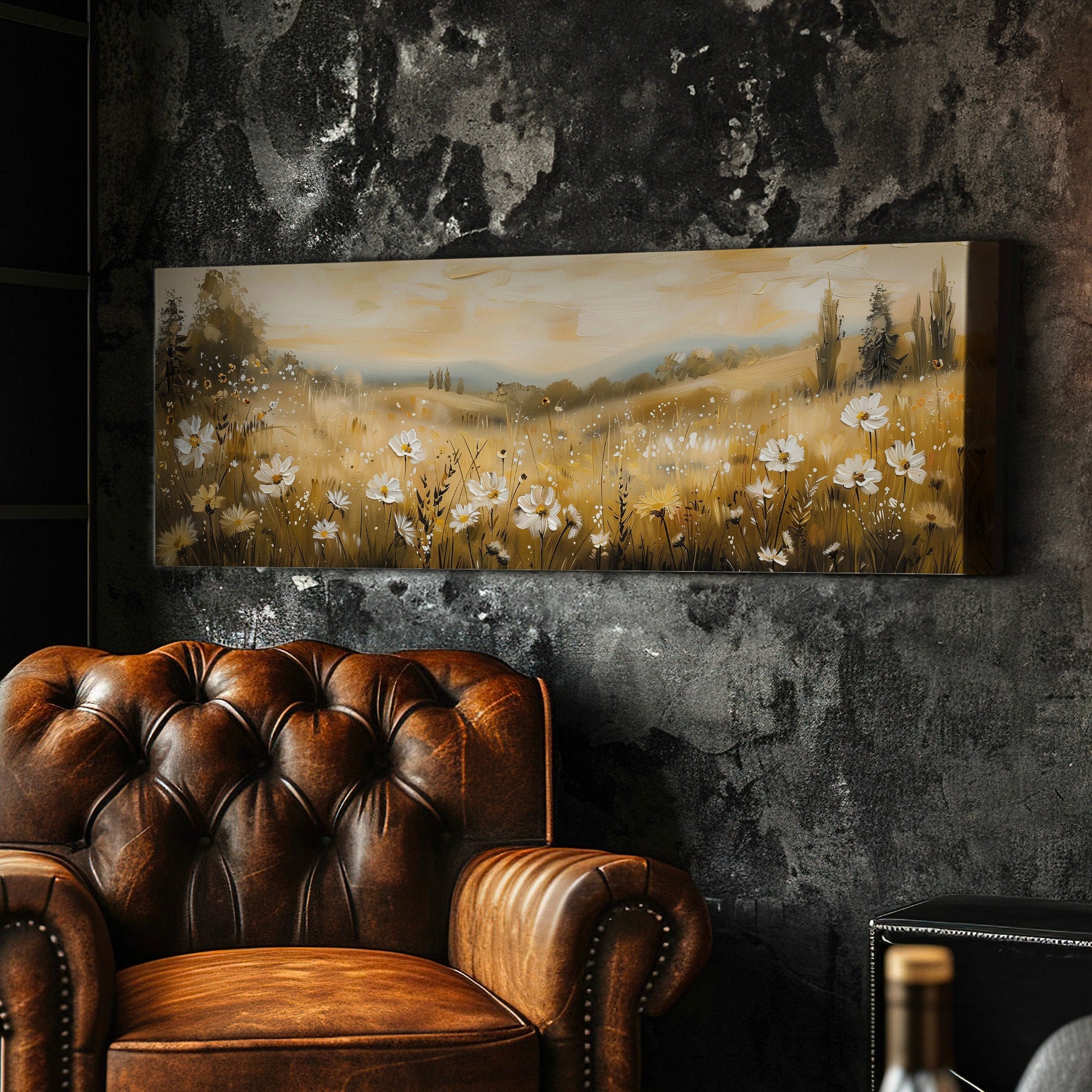 Wildflower Scene Long Horizontal Wall Art Above Bed, Panoramic Southwestern Canvas Print, Farmhouse Decor Canvas Art