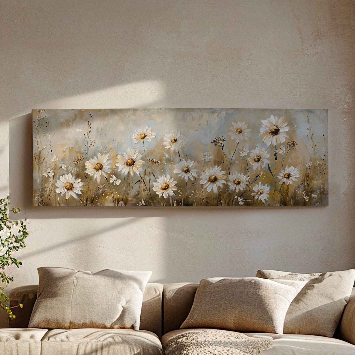 Wildflower Landscape Long Horizontal Wall Art For Guestroom Room, Panoramic Modern Canvas Print, Minimalist Decor Canvas Art