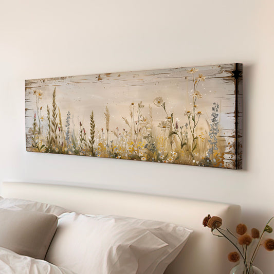 Wildflower Field Long Horizontal Wall Art For Living Room, Panoramic Wood Graphic Canvas Print, Vintage Decor Canvas Art