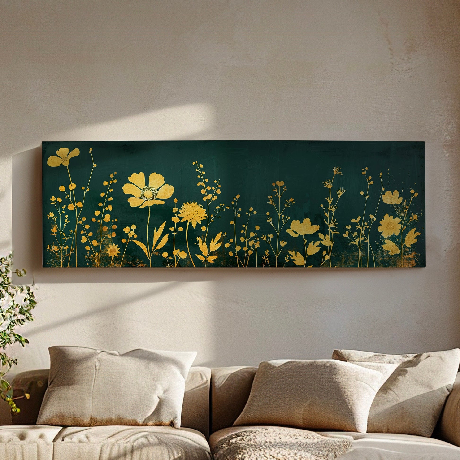 Wildflower Field Long Horizontal Wall Art For Living Room, Panoramic Green and Gold Canvas Print, Farmhouse Decor Canvas Art