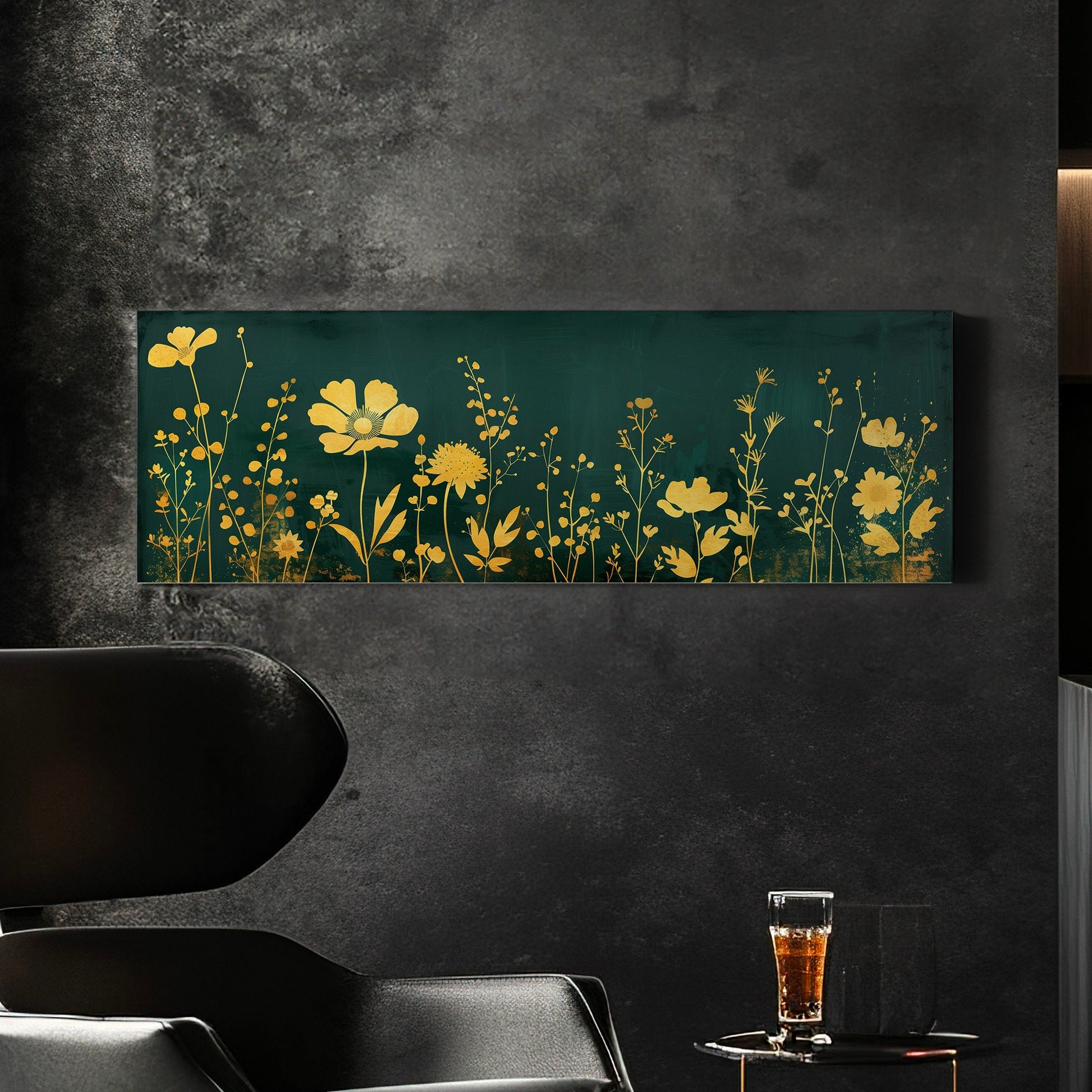Wildflower Field Long Horizontal Wall Art For Living Room, Panoramic Green and Gold Canvas Print, Farmhouse Decor Canvas Art