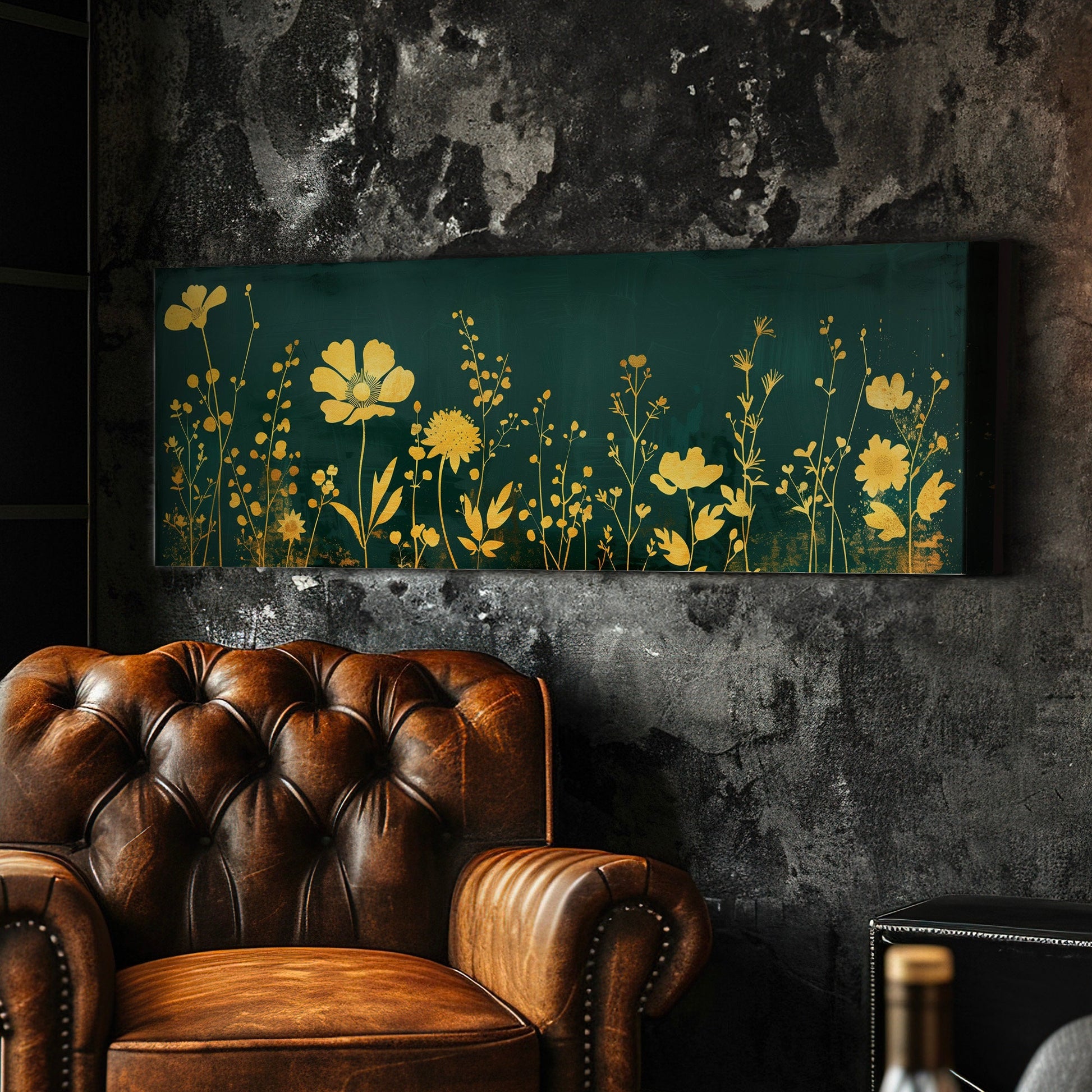 Wildflower Field Long Horizontal Wall Art For Living Room, Panoramic Green and Gold Canvas Print, Farmhouse Decor Canvas Art