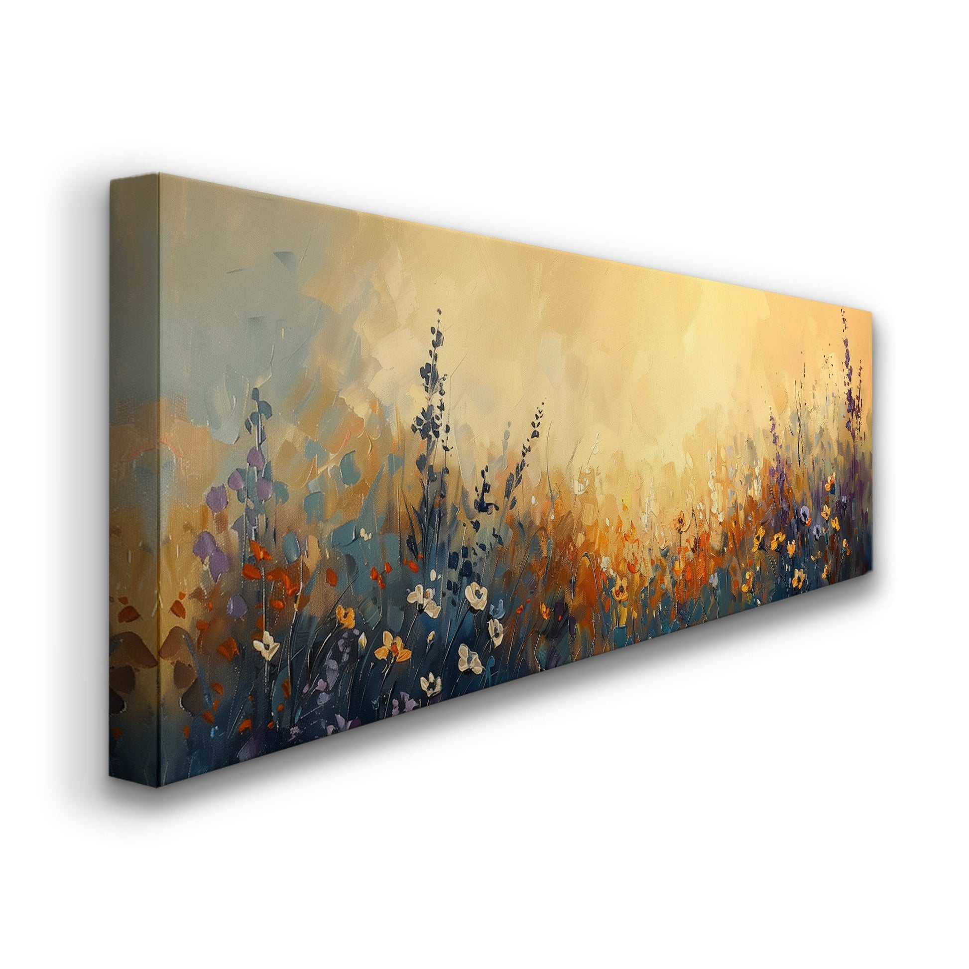 Wildflower Field Long Horizontal Wall Art Above Bed, Panoramic Cattle Ranch Canvas Print, Farmhouse Decor Canvas Art