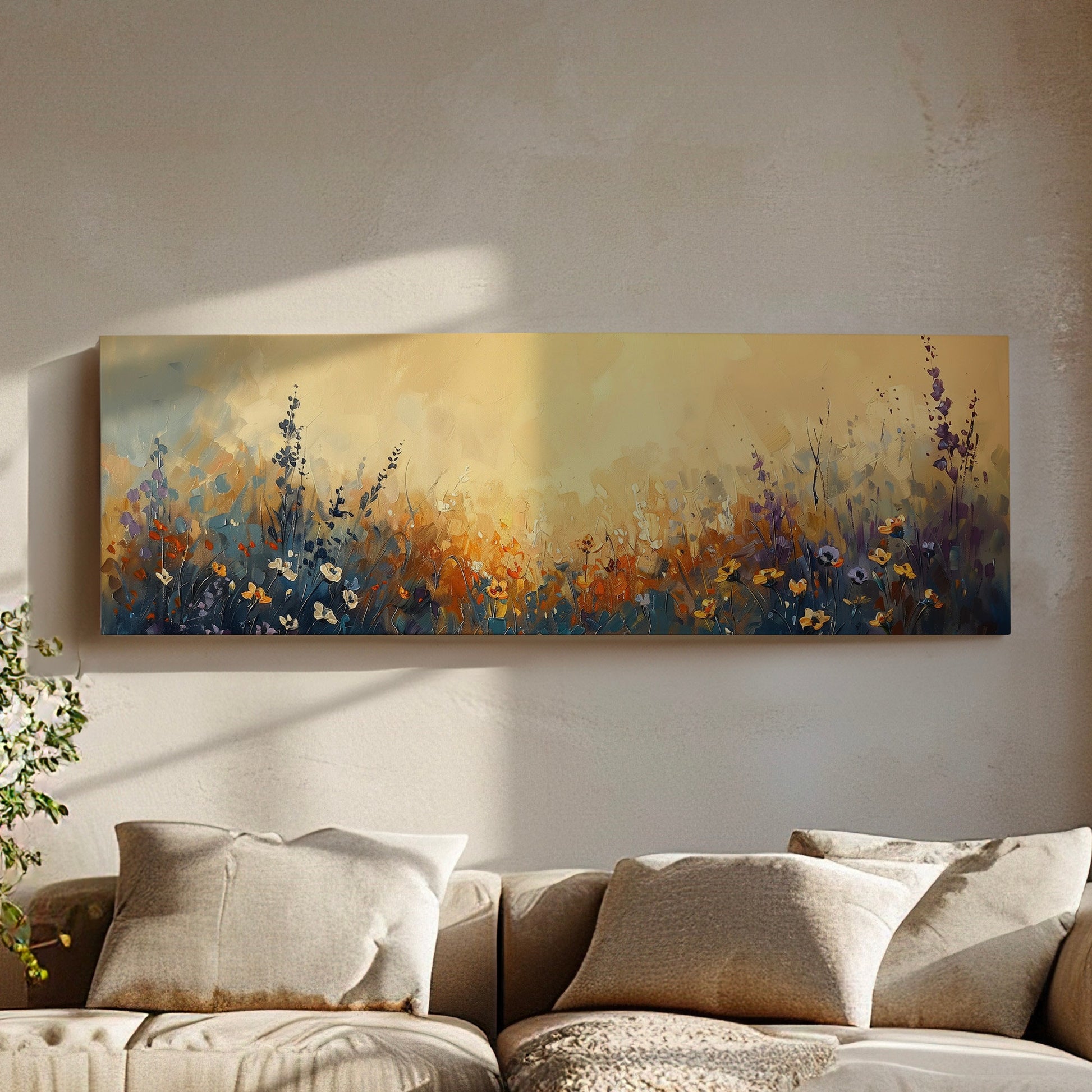 Wildflower Field Long Horizontal Wall Art Above Bed, Panoramic Cattle Ranch Canvas Print, Farmhouse Decor Canvas Art
