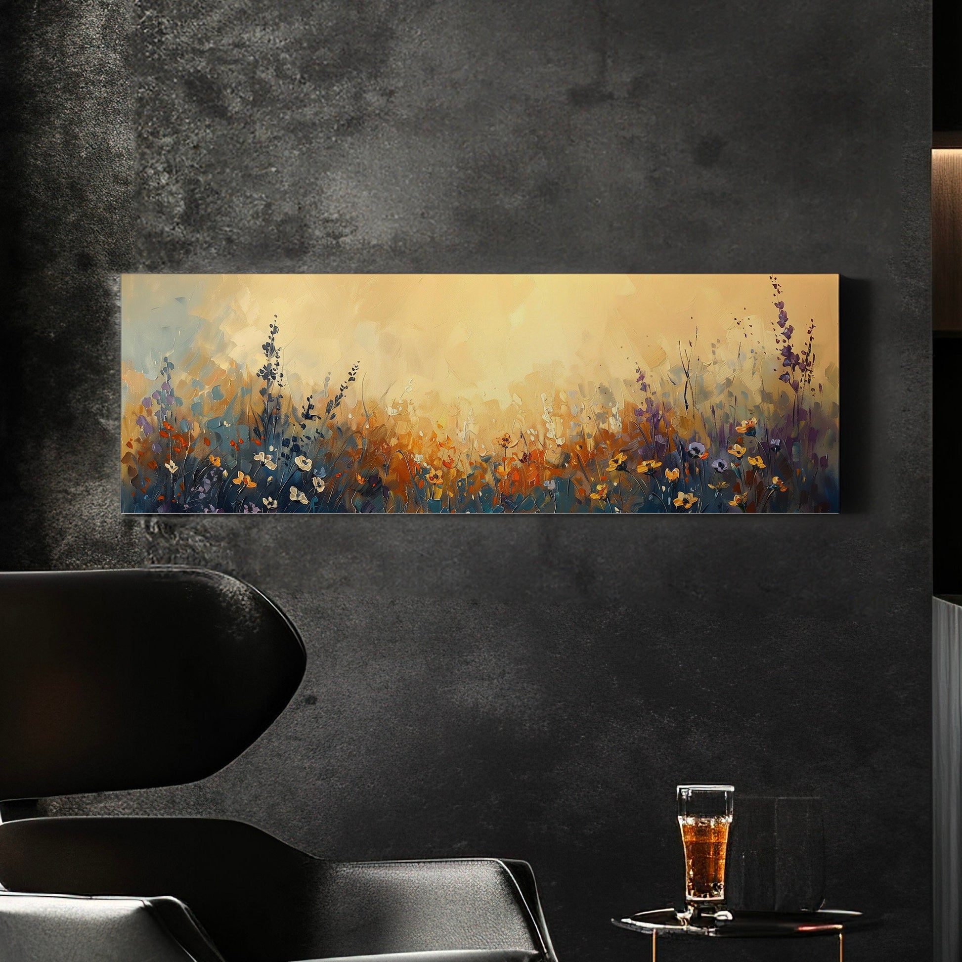 Wildflower Field Long Horizontal Wall Art Above Bed, Panoramic Cattle Ranch Canvas Print, Farmhouse Decor Canvas Art