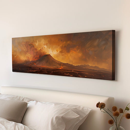 Volcano Eruption Long Horizontal Wall Art For Bedroom, Panoramic Orange Colors Canvas Print, Beautiful Sky Decor Canvas Art