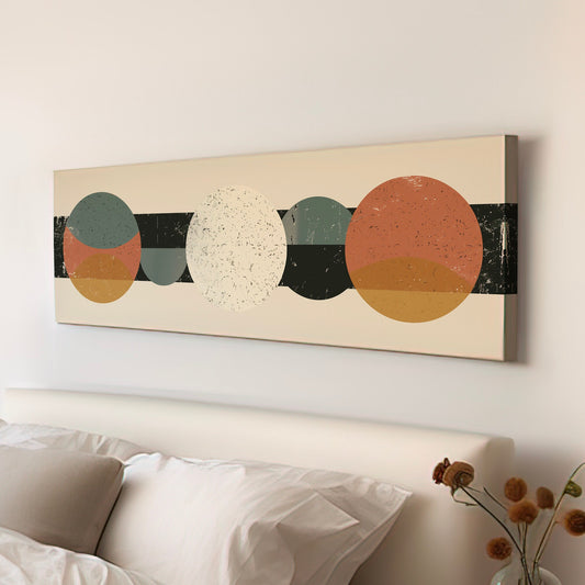 Vintage Circles Long Horizontal Wall Art Bedroom, Panoramic Mid Century Modern Canvas Print, Earthy Colors Decor Canvas Art