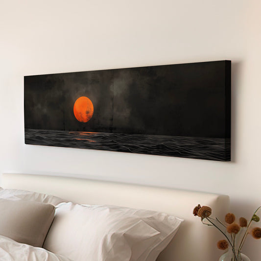 Sunset Over Ocean Long Horizontal Wall Art Above Bedroom, Panoramic Vintage Oil Painting Canvas Print, Sea Landscape Decor Canvas Art