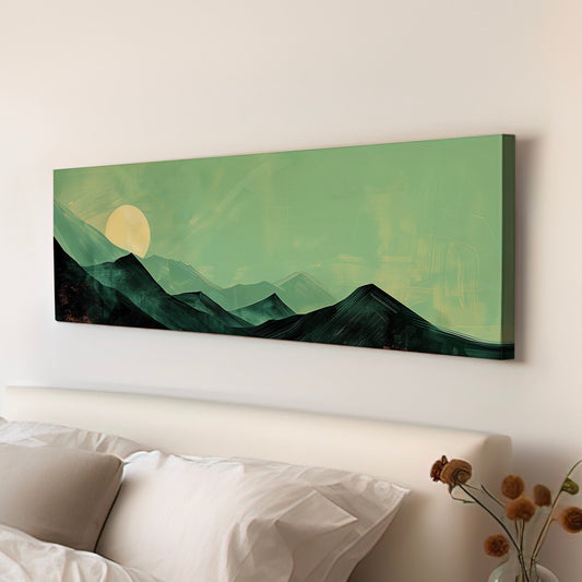 Sunrise in the Mountains Long Horizontal Wall Art For Bedroom, Panoramic Moss Green Canvas Print, Minimal Asparagus Decor Canvas Art