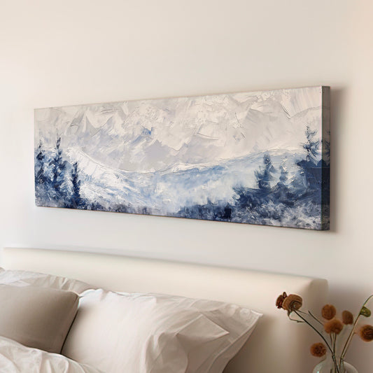 Snowy Pine Forest Long Horizontal Wall Art Above Bed, Panoramic Mountains Canvas Print, Light Blue Decor Canvas Art