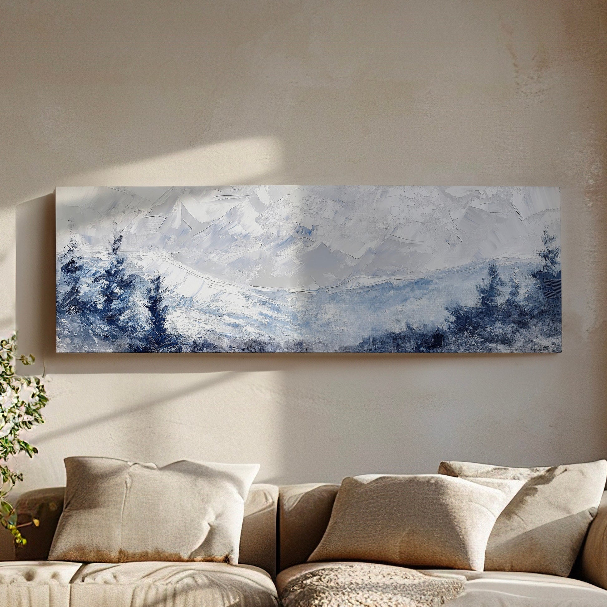 Snowy Pine Forest Long Horizontal Wall Art Above Bed, Panoramic Mountains Canvas Print, Light Blue Decor Canvas Art