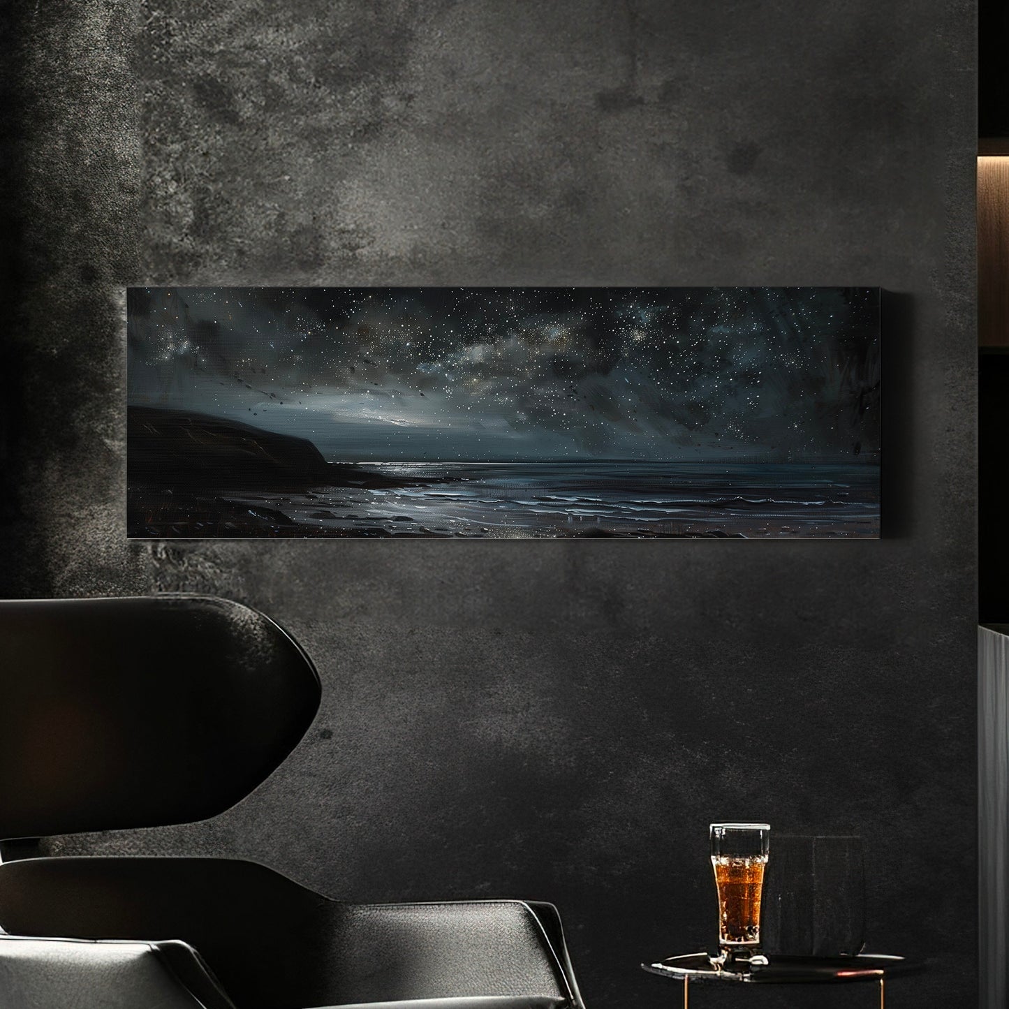 Sea Shore at Night Long Horizontal Wall Art For Bedroom, Panoramic Beautiful Mountain Canvas Print, Moody Night Decor Canvas Art