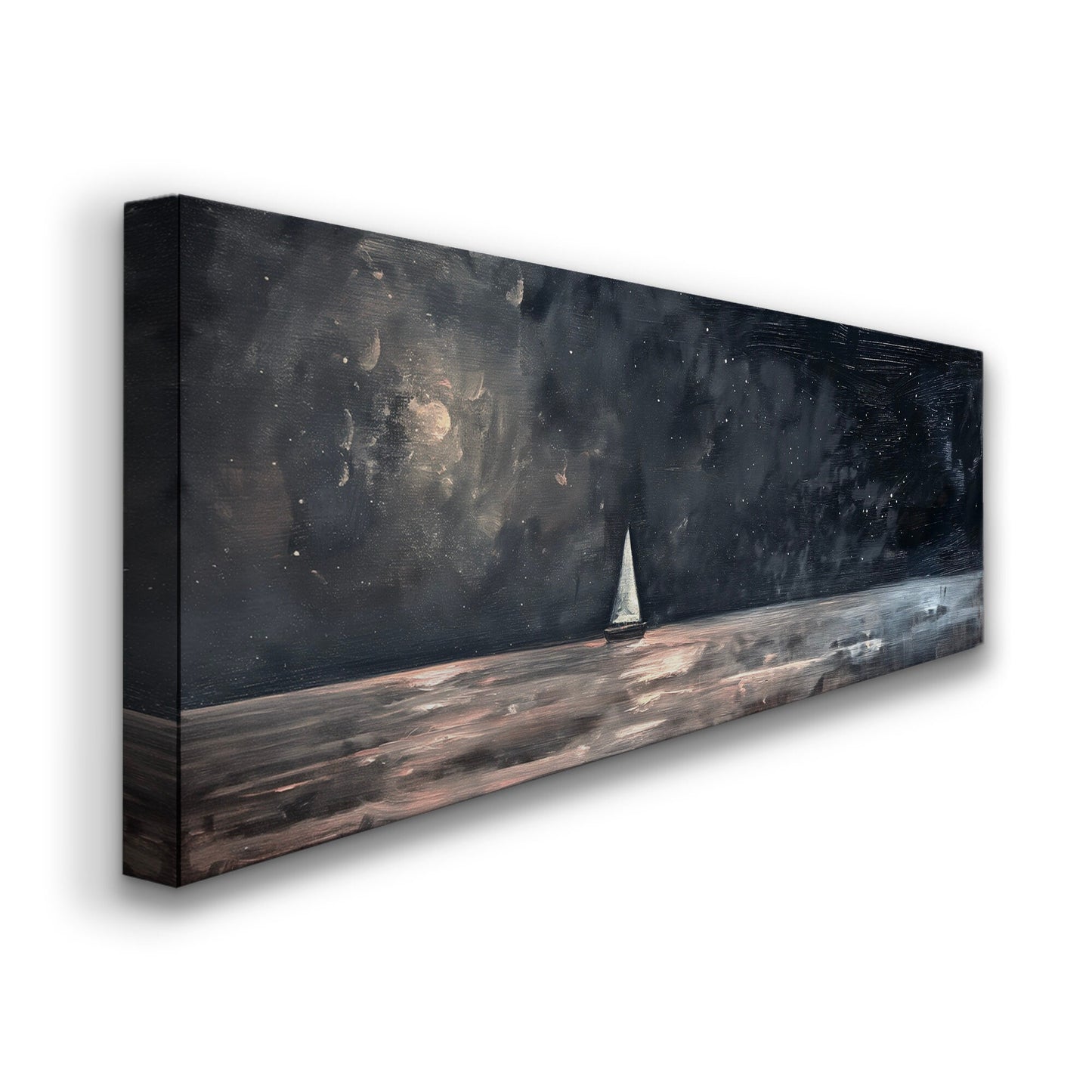 Sailboat Under Full Moon Long Horizontal Wall Art For Bedroom, Panoramic Nautical Canvas Print, Lakehouse Decor Canvas Art