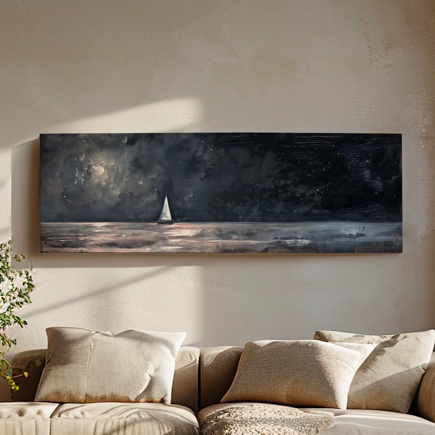 Sailboat Under Full Moon Long Horizontal Wall Art For Bedroom, Panoramic Nautical Canvas Print, Lakehouse Decor Canvas Art