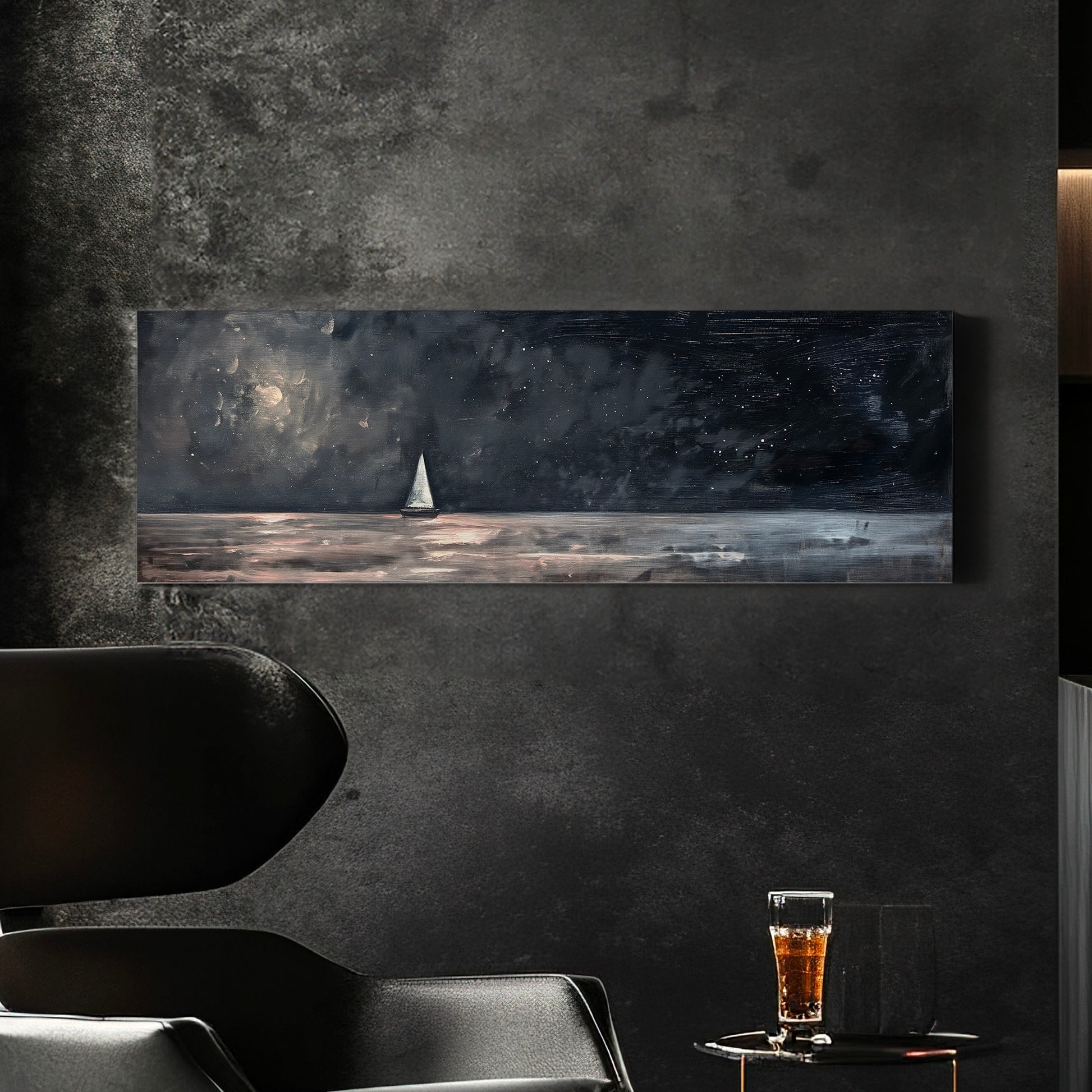 Sailboat Under Full Moon Long Horizontal Wall Art For Bedroom, Panoramic Nautical Canvas Print, Lakehouse Decor Canvas Art