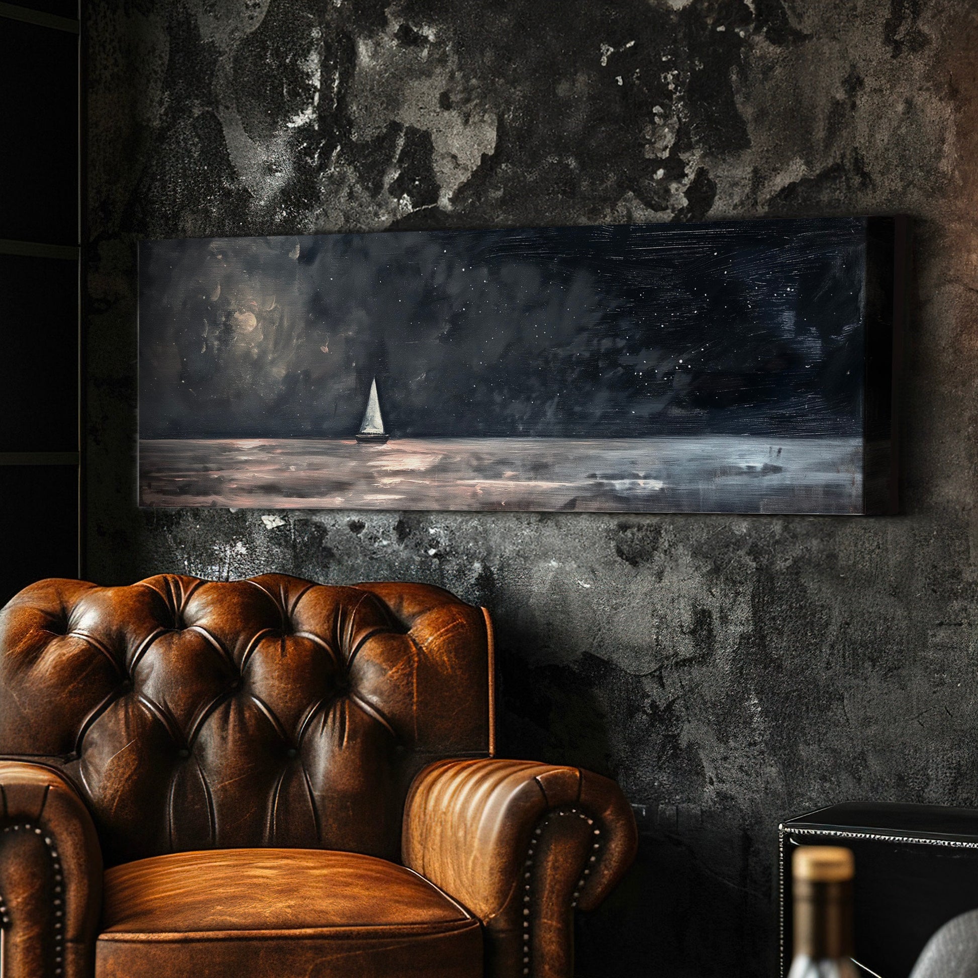 Sailboat Under Full Moon Long Horizontal Wall Art For Bedroom, Panoramic Nautical Canvas Print, Lakehouse Decor Canvas Art