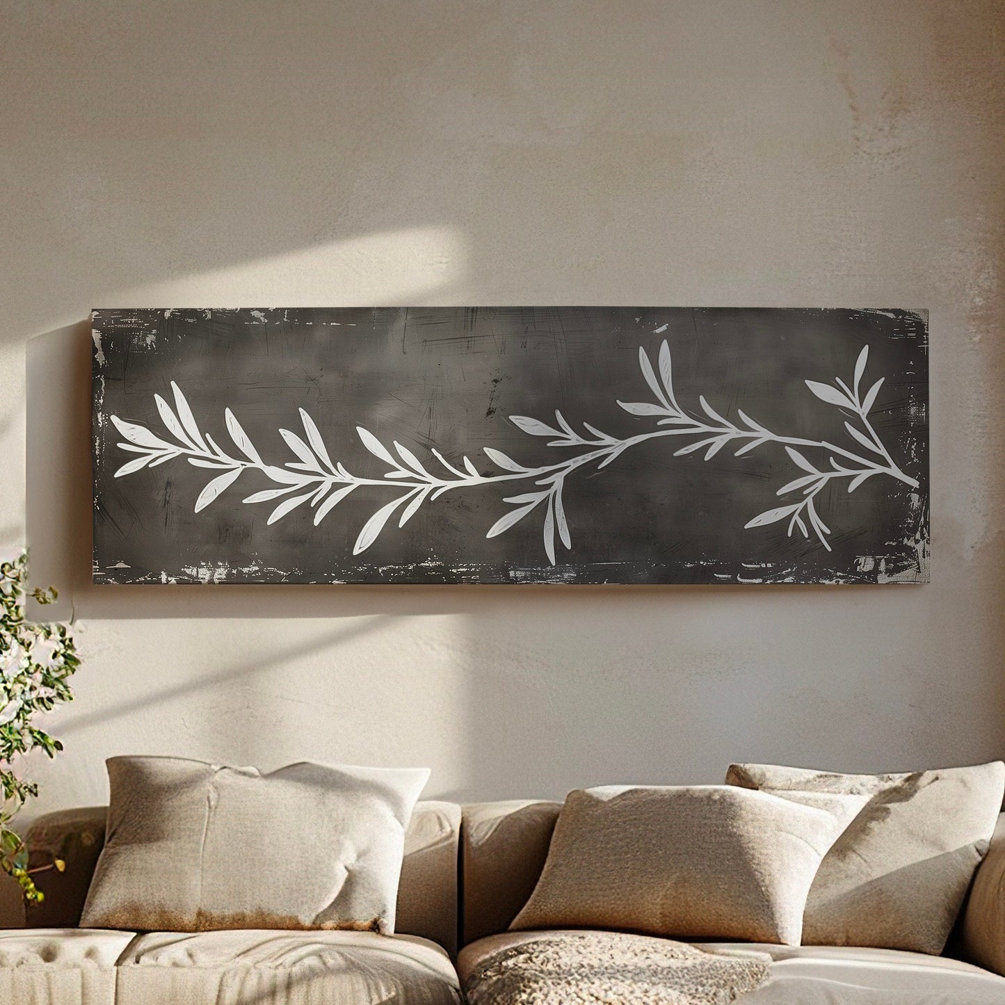 Rosemary Plant Long Horizontal Wall Art For Kitchen, Panoramic Botanical Canvas Print, Dark grey Decor Canvas Art
