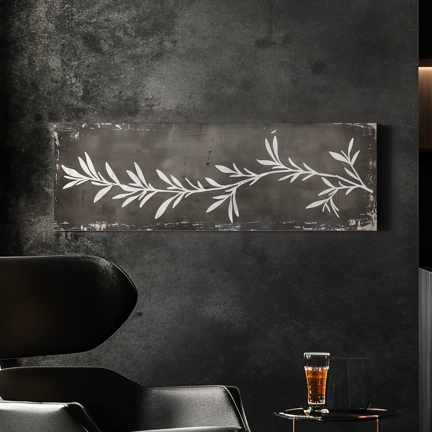 Rosemary Plant Long Horizontal Wall Art For Kitchen, Panoramic Botanical Canvas Print, Dark grey Decor Canvas Art