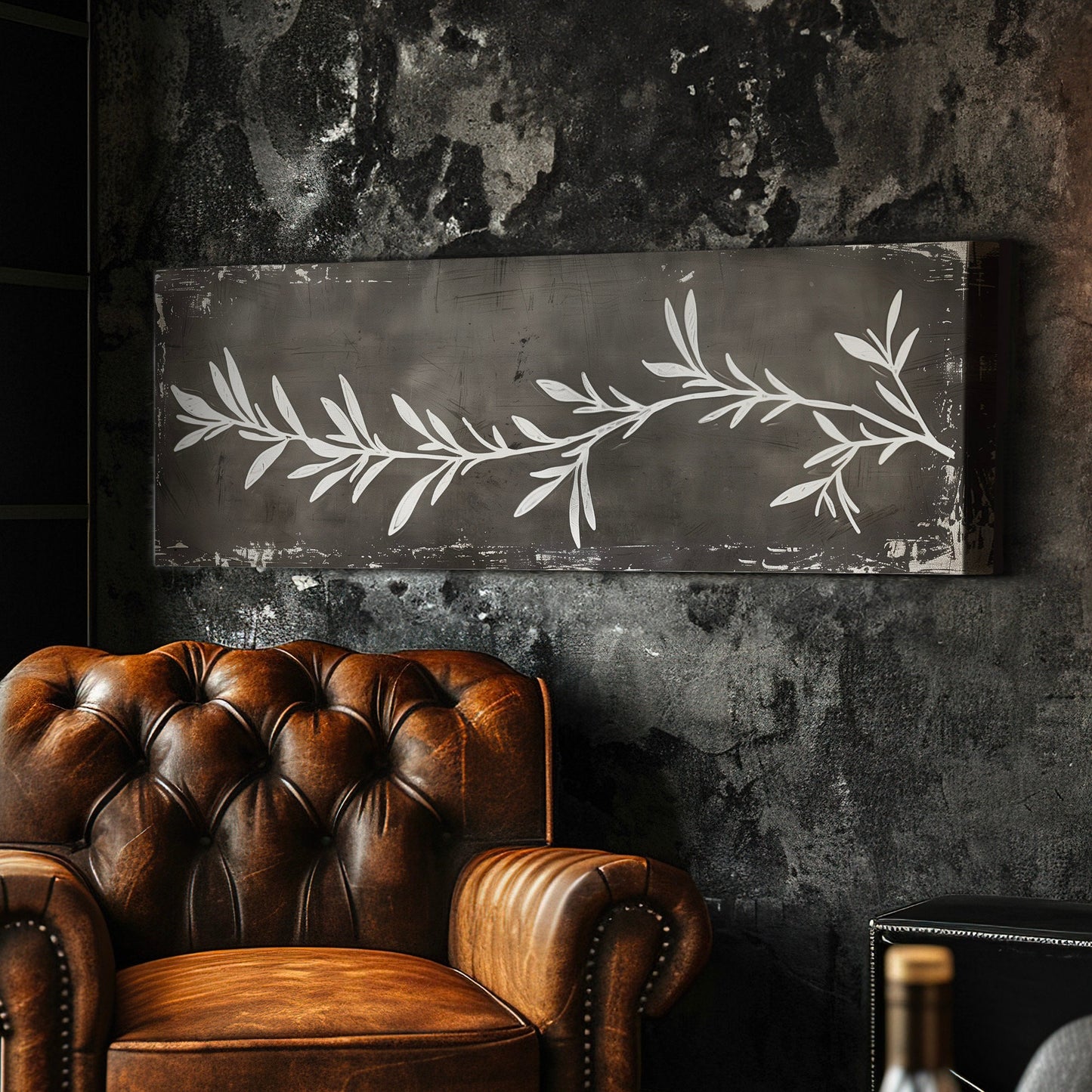 Rosemary Plant Long Horizontal Wall Art For Kitchen, Panoramic Botanical Canvas Print, Dark grey Decor Canvas Art