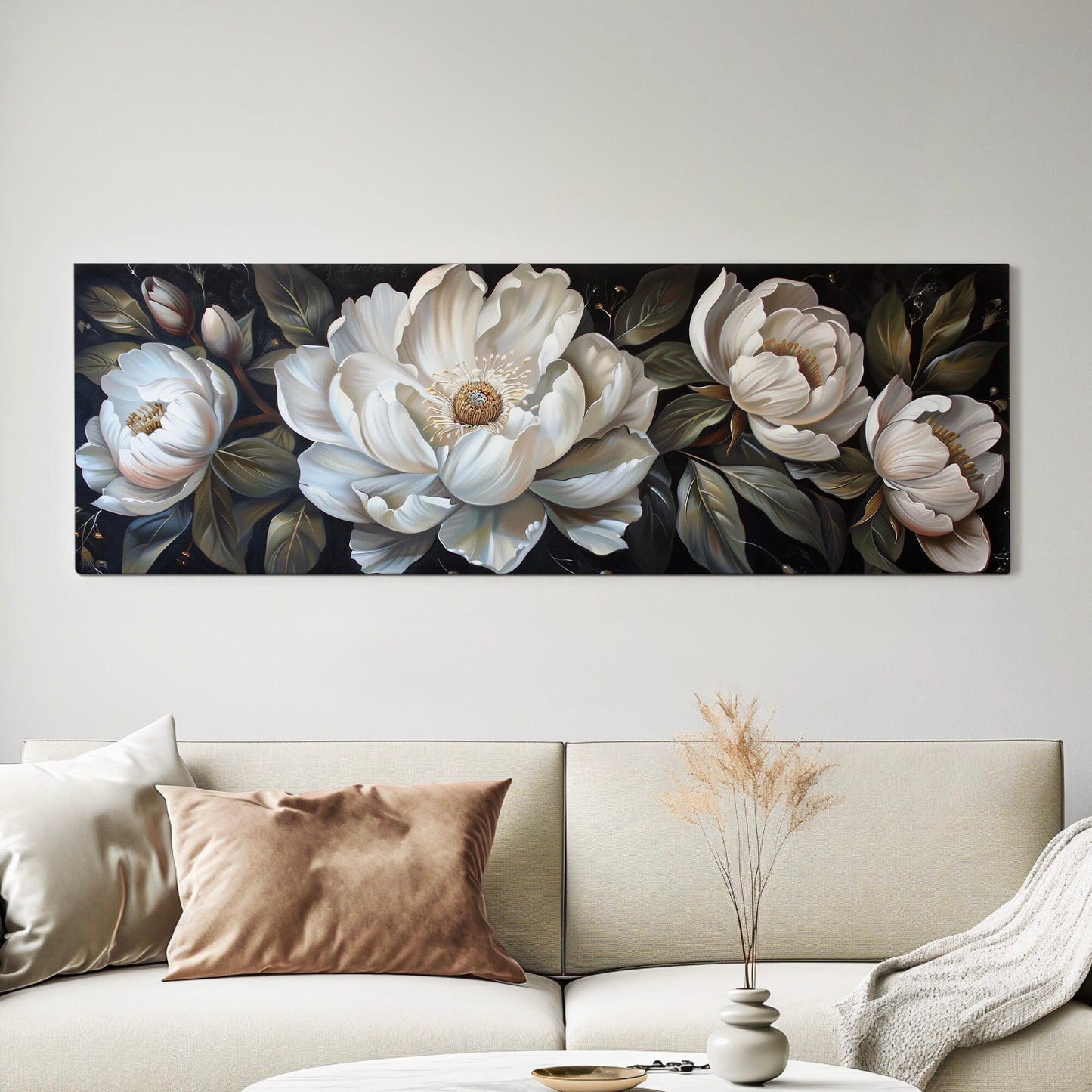 Rennaisance Floral Long Horizontal Wall Art For Guestroom, Panoramic Beautiful Flower Canvas Print, Botanical Decor Canvas Art