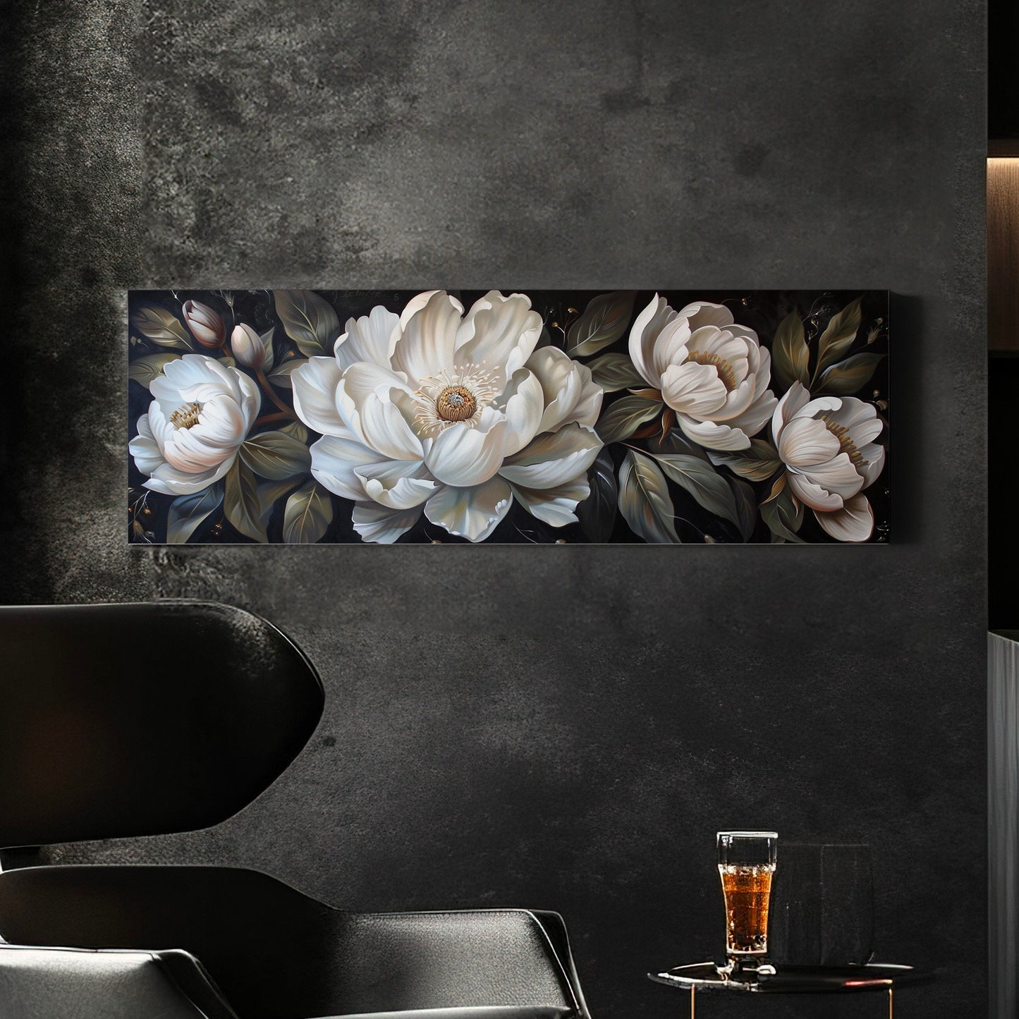 Rennaisance Floral Long Horizontal Wall Art For Guestroom, Panoramic Beautiful Flower Canvas Print, Botanical Decor Canvas Art