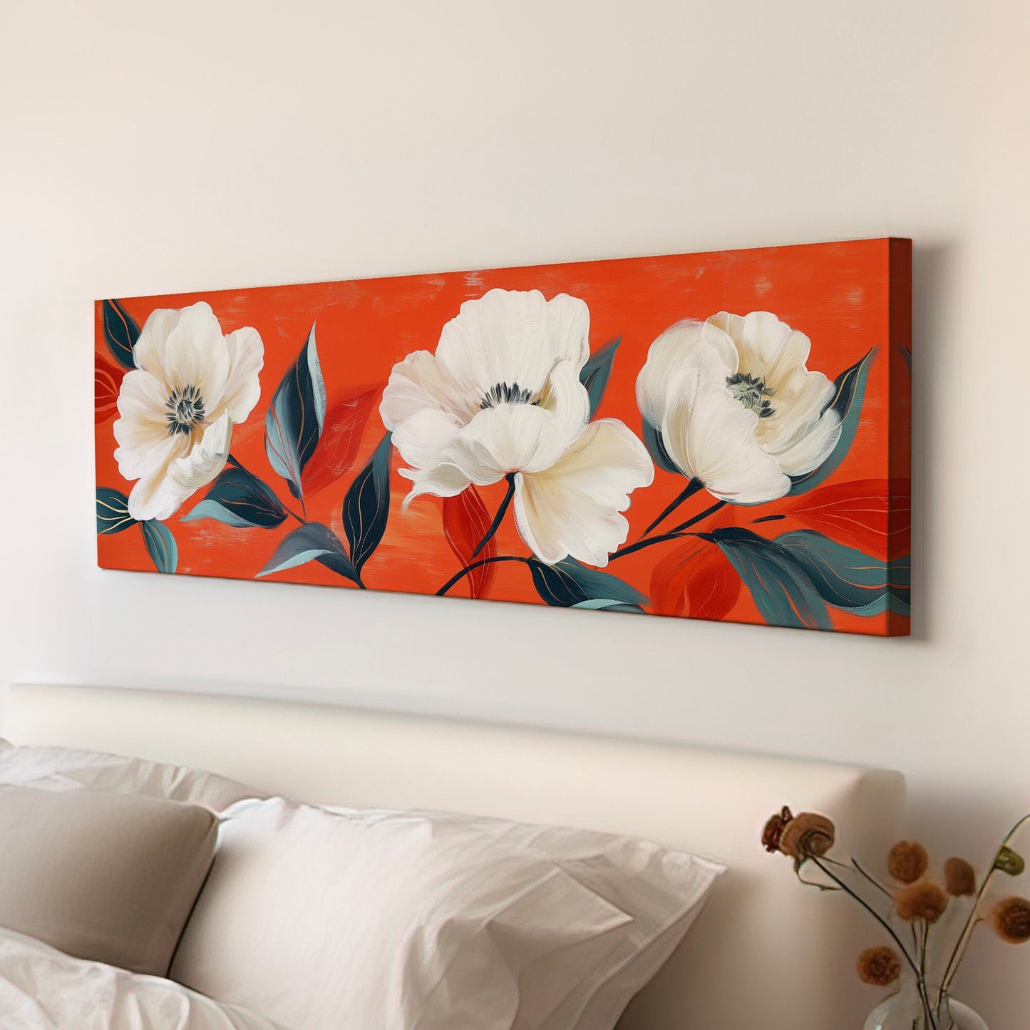 Renaissance White Flowers Long Horizontal Wall Art For Living Room, Panoramic Vintage Oil Painting Canvas Print, Floral Decor Canvas Art