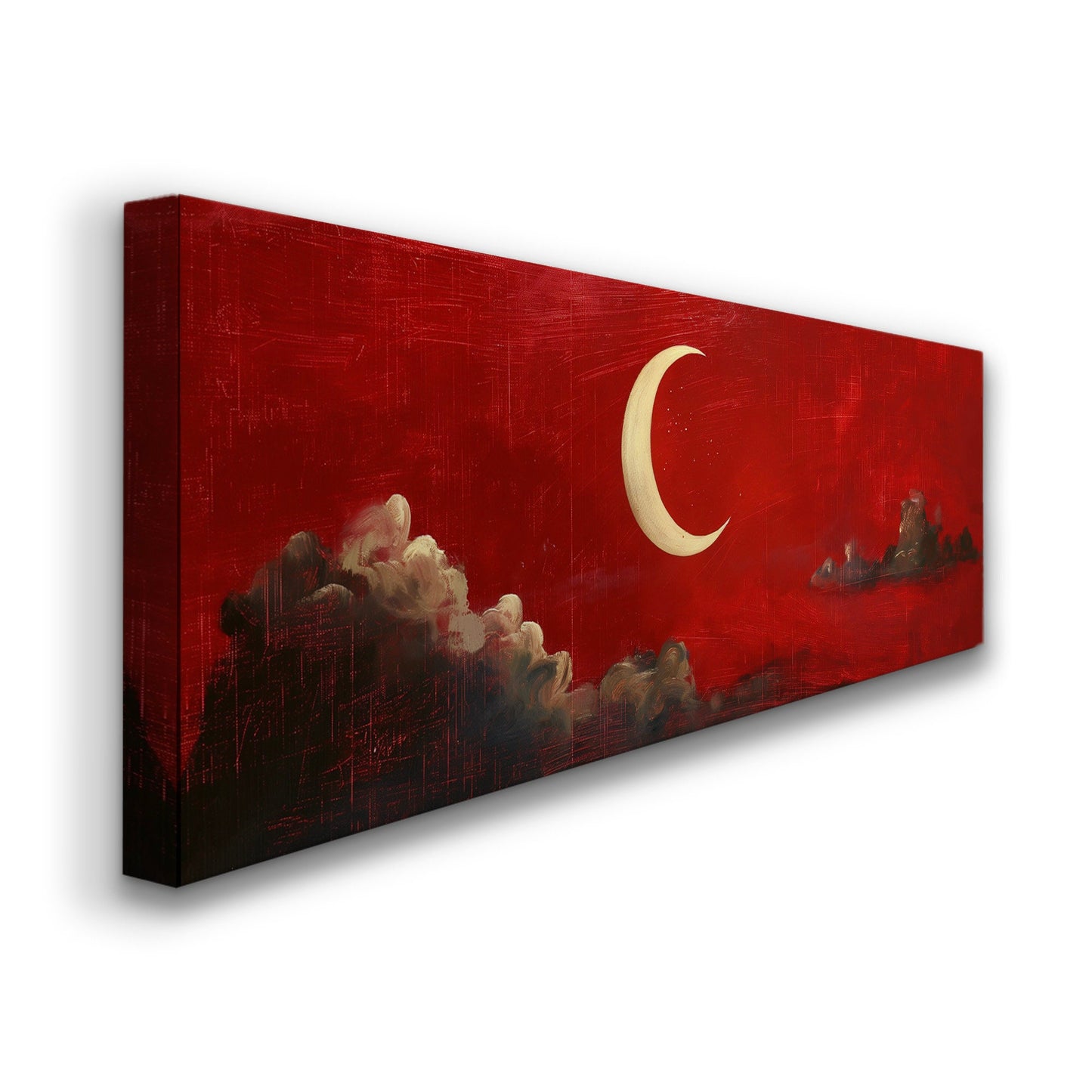 Red Half Moon Long Horizontal Wall Art Above Bed, Panoramic Moody Sky Canvas Print, Lunar Decor Canvas Art