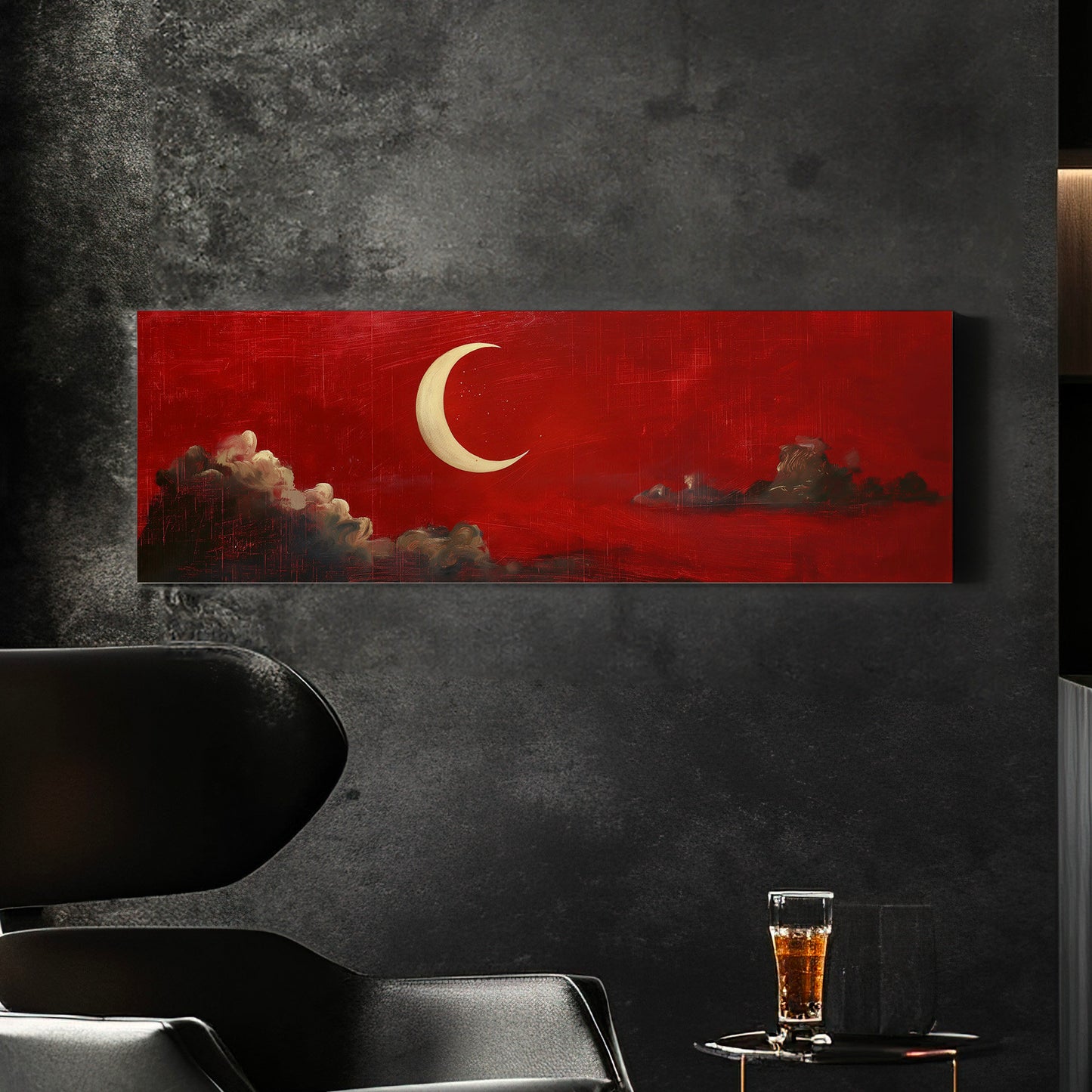 Red Half Moon Long Horizontal Wall Art Above Bed, Panoramic Moody Sky Canvas Print, Lunar Decor Canvas Art