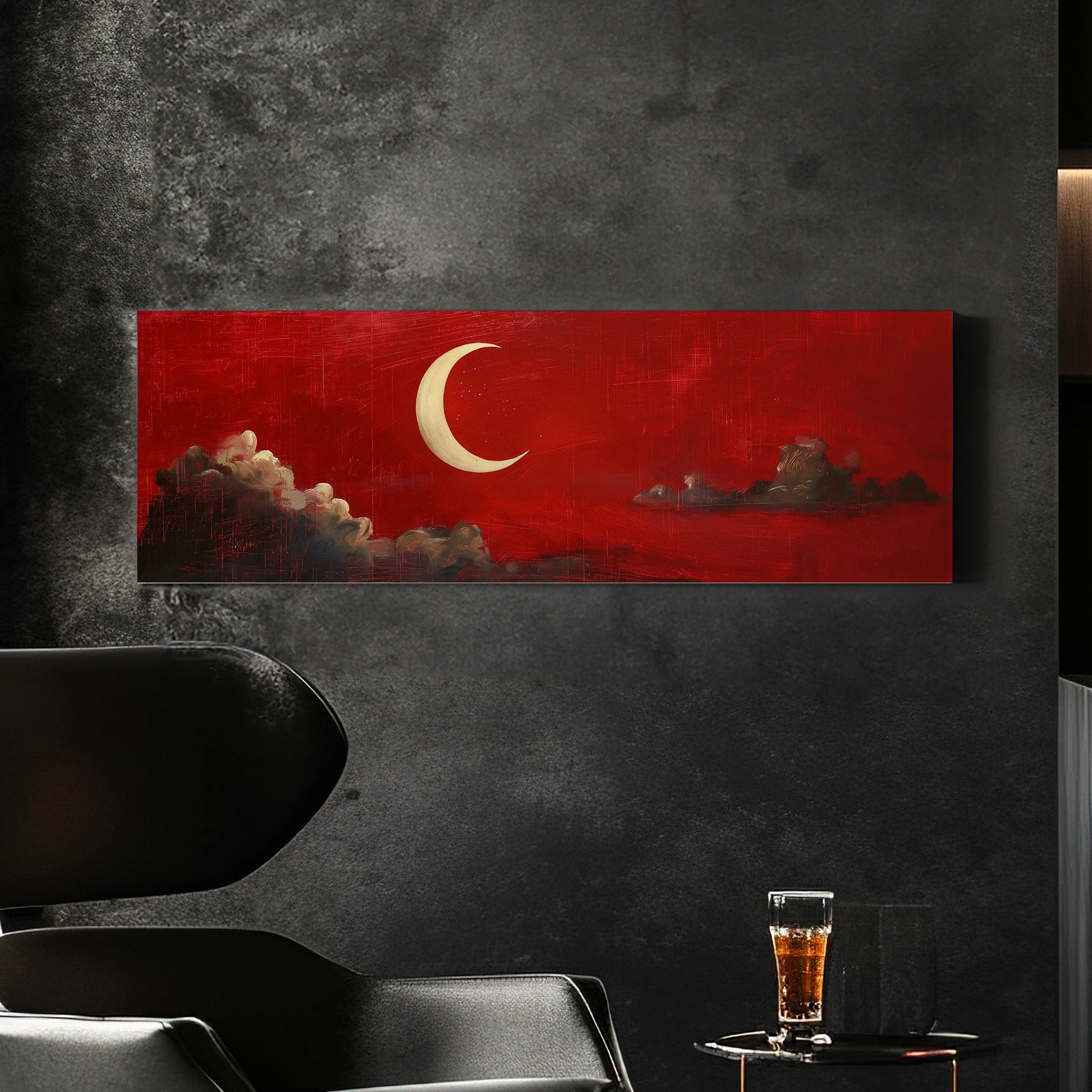 Red Half Moon Long Horizontal Wall Art Above Bed, Panoramic Moody Sky Canvas Print, Lunar Decor Canvas Art