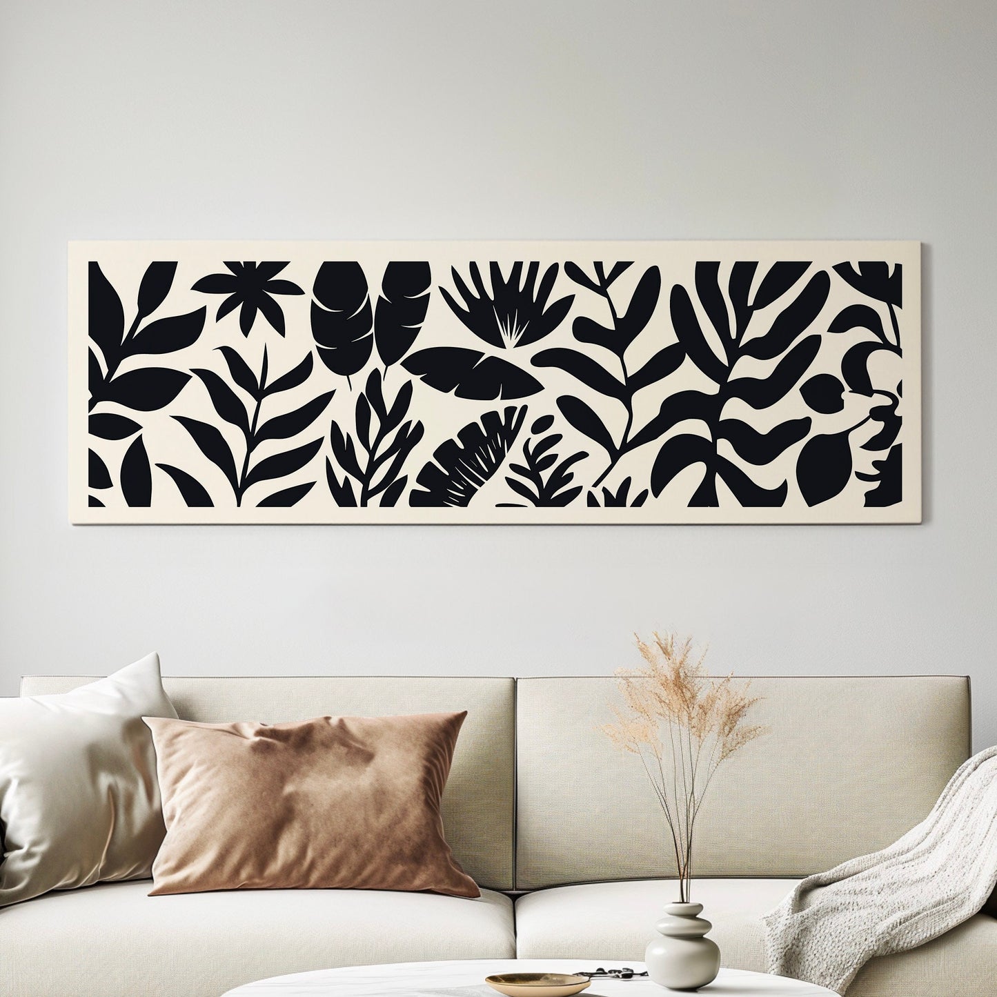 Rain Forest Minimal Long Horizontal Wall Art For Bedroom, Panoramic Black And White Canvas Print, Minimal Vector Decor Canvas Art