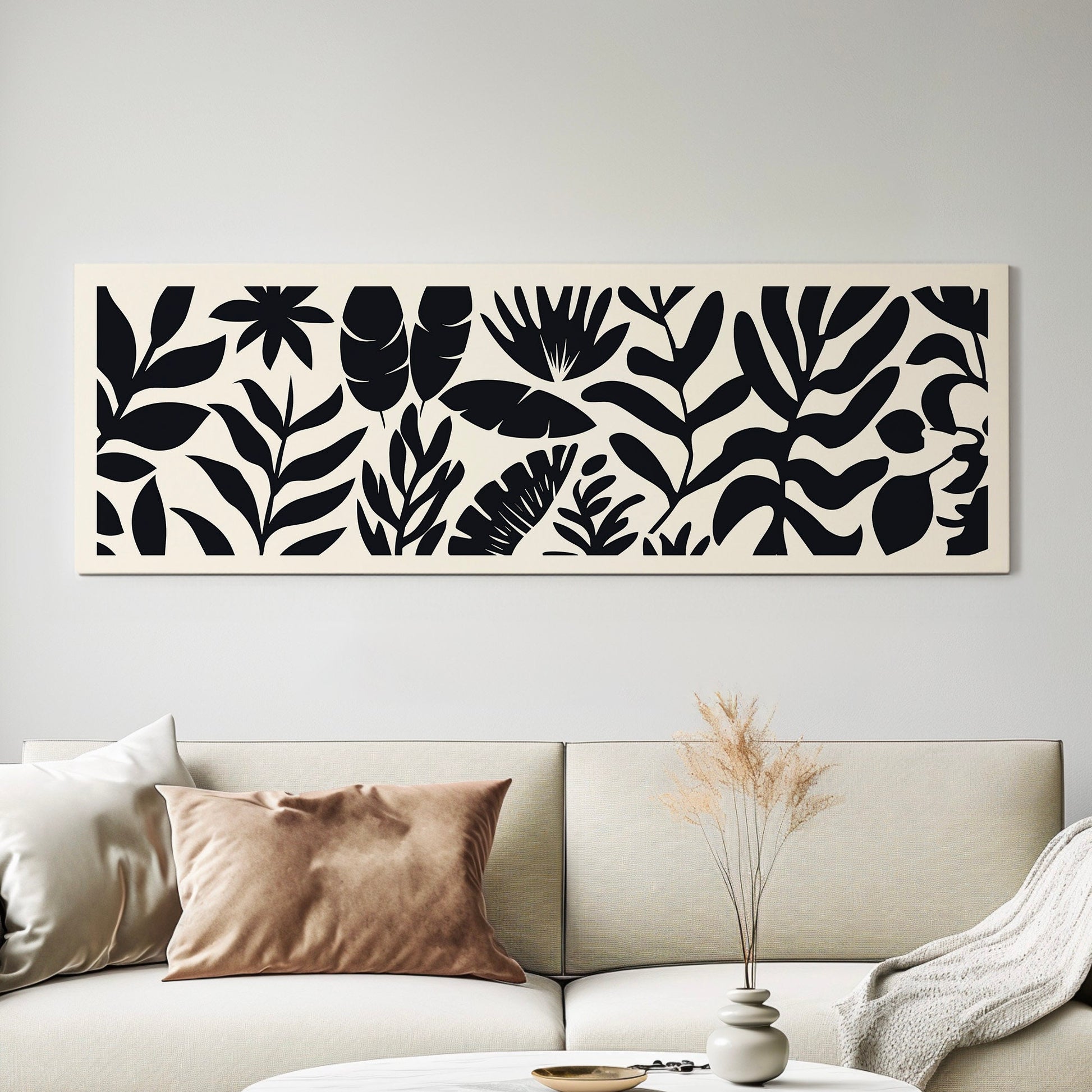 Rain Forest Minimal Long Horizontal Wall Art For Bedroom, Panoramic Black And White Canvas Print, Minimal Vector Decor Canvas Art