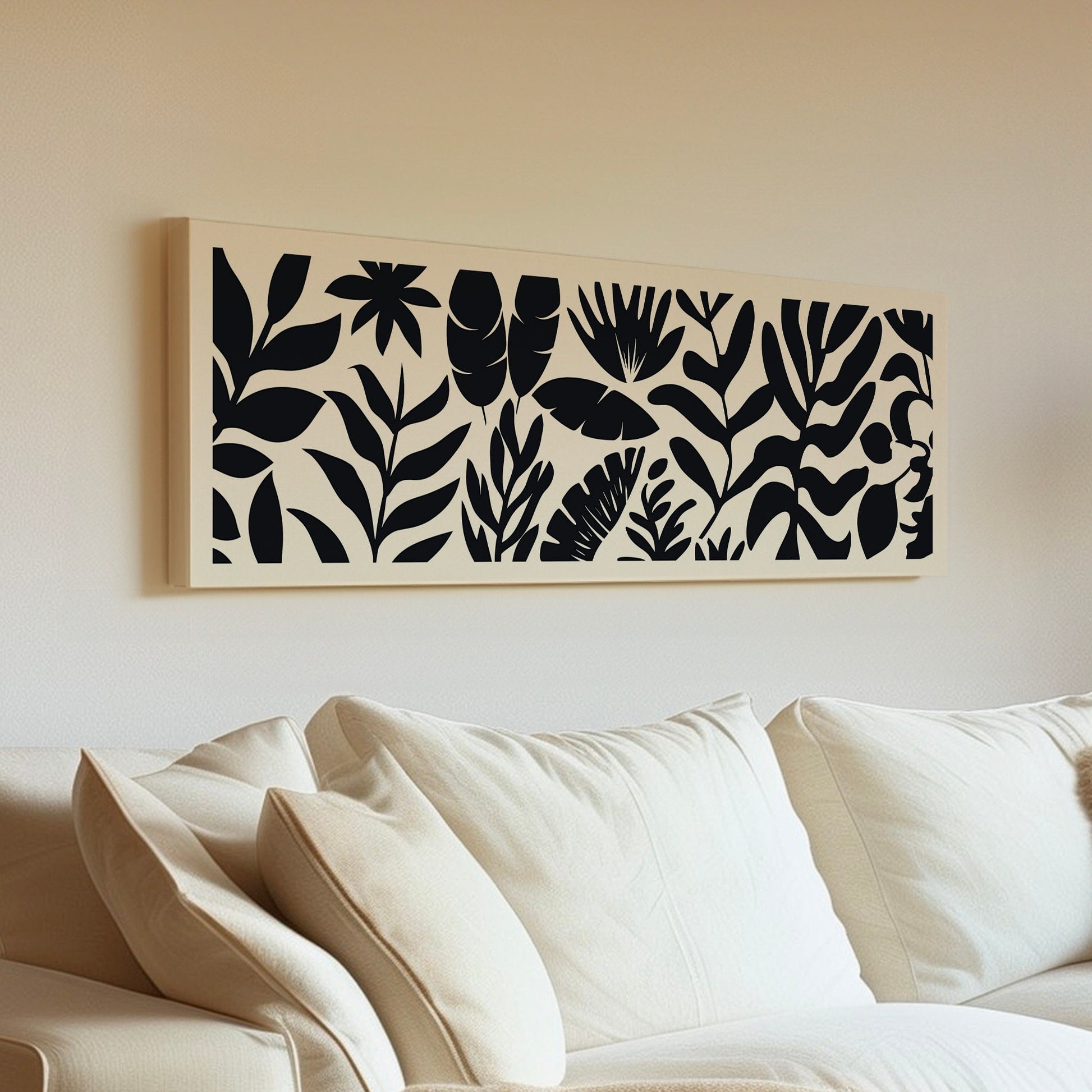 Rain Forest Minimal Long Horizontal Wall Art For Bedroom, Panoramic Black And White Canvas Print, Minimal Vector Decor Canvas Art