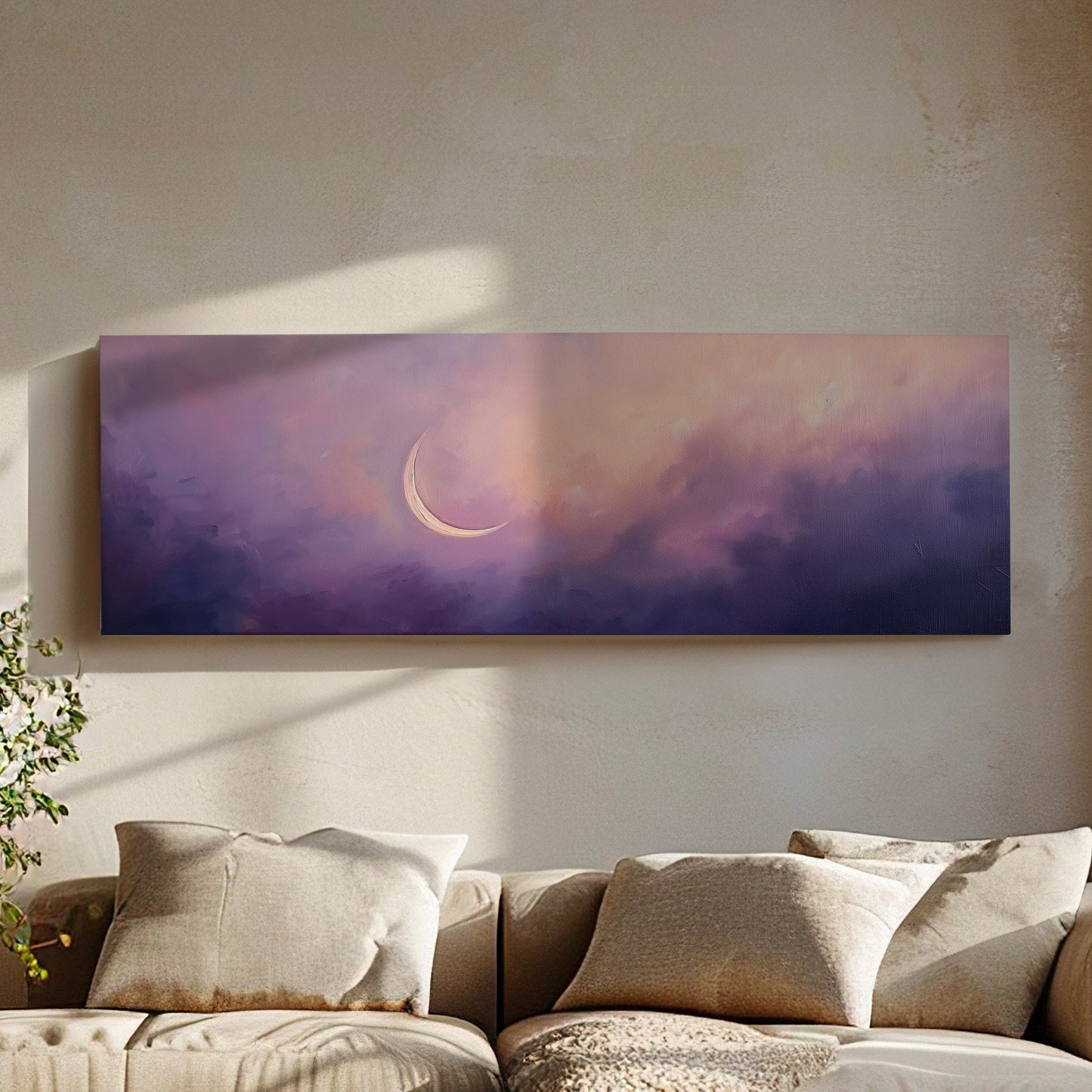 Purple Crescent Moon Long Horizontal Wall Art For Bedroom, Panoramic Lavender Sky Canvas Print, Moody Cloud Decor Canvas Art