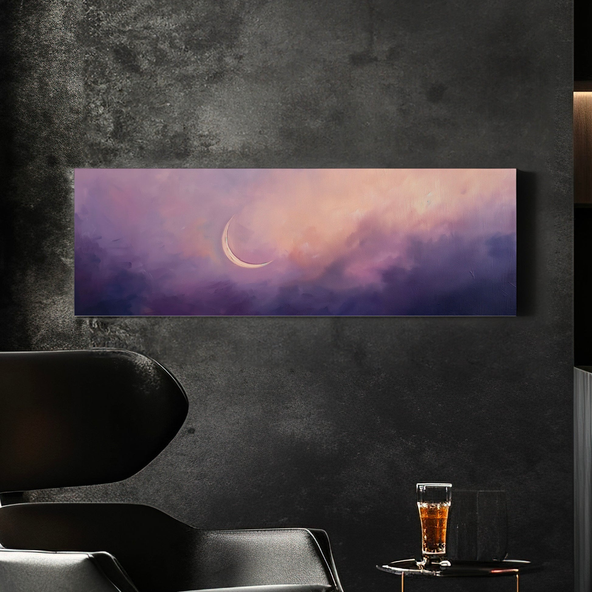 Purple Crescent Moon Long Horizontal Wall Art For Bedroom, Panoramic Lavender Sky Canvas Print, Moody Cloud Decor Canvas Art