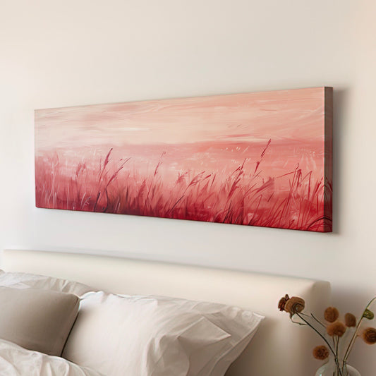 Pink Pampas Grass Field Long Horizontal Wall Art For Living Room, Panoramic Sunset Canvas Print, Farmhouse Decor Canvas Art