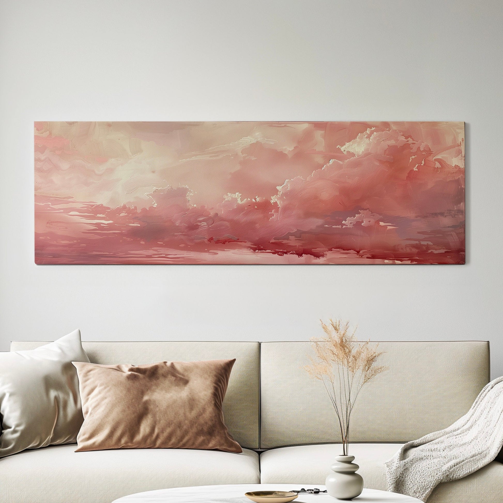 Pink Cloudy Sky Long Horizontal Wall Art For Bedroom, Panoramic Aestetic Canvas Print, Moody Decor Canvas Art