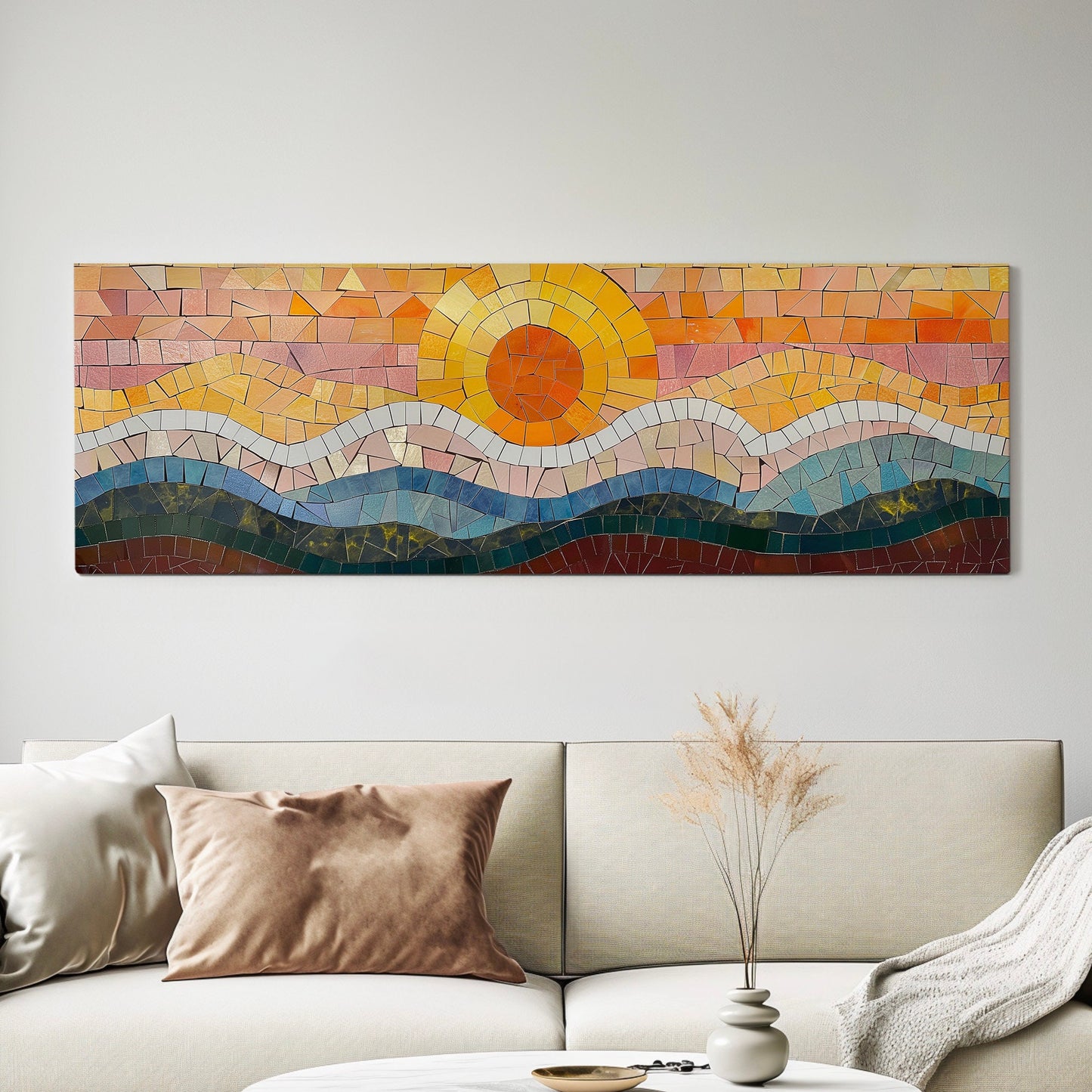 Mosaic Long Horizontal Wall Art For Living Room, Panoramic Seascape Canvas Print, Sunset Decor Canvas Art