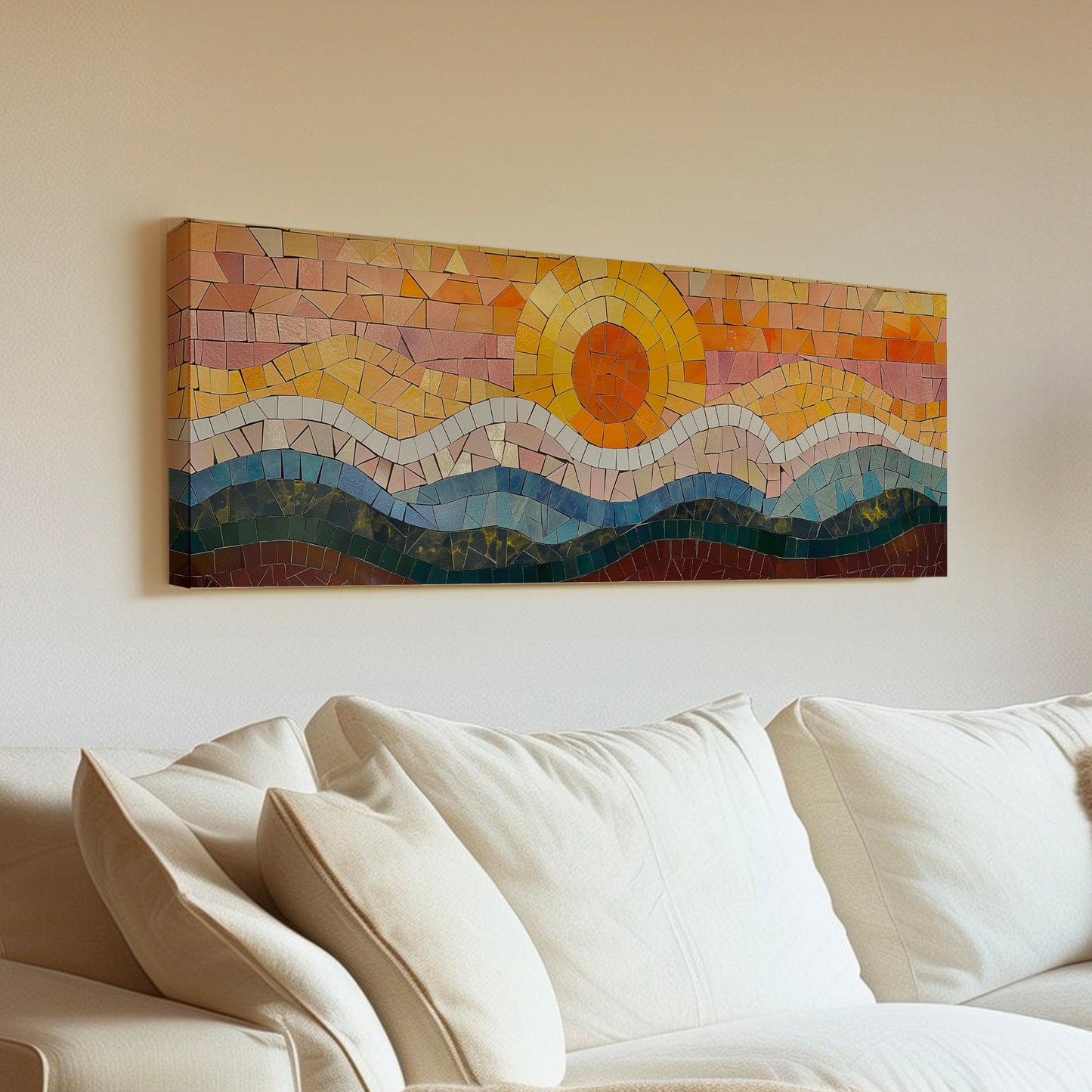 Mosaic Long Horizontal Wall Art For Living Room, Panoramic Seascape Canvas Print, Sunset Decor Canvas Art
