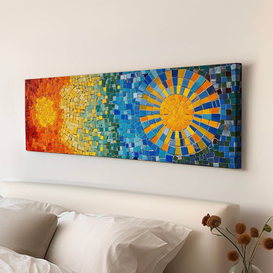 Mosaic Sun Long Horizontal Wall Art For Bedroom, Panoramic Boho Canvas Print, Colorful Decor Canvas Art
