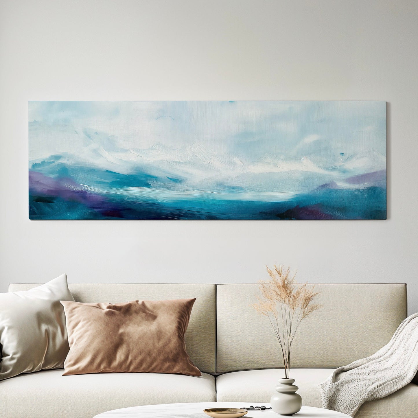 Moody Sea Long Horizontal Wall Art Above Bed, Panoramic Stormy Waves Canvas Print, Pastel Blue Decor Canvas Art