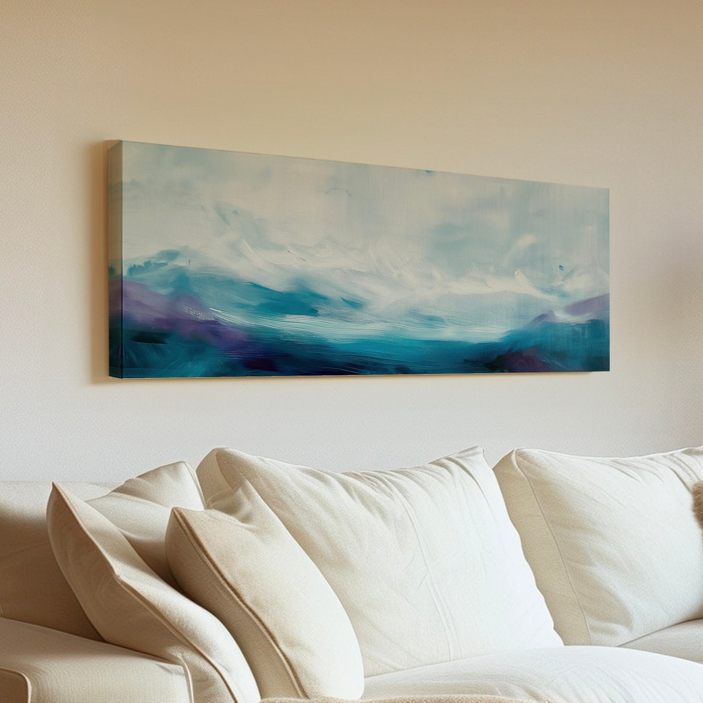 Moody Sea Long Horizontal Wall Art Above Bed, Panoramic Stormy Waves Canvas Print, Pastel Blue Decor Canvas Art