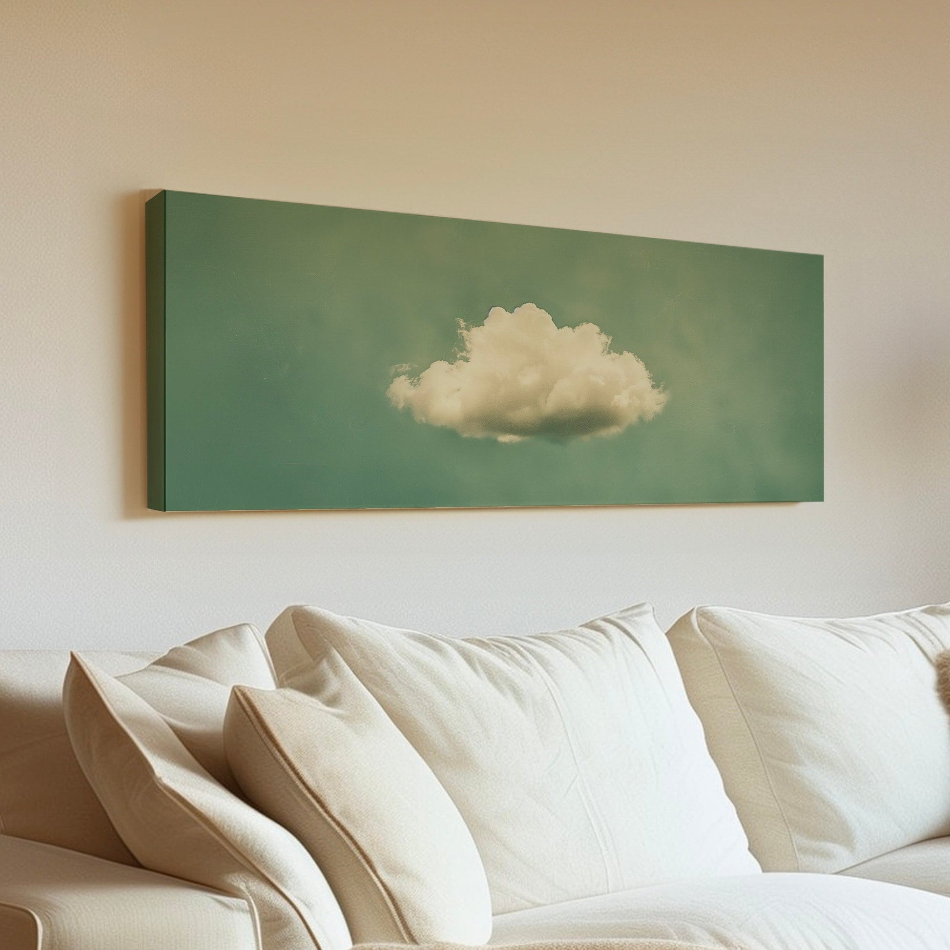 Moody Cloud Long Horizontal Wall Art For Living Room, Panoramic Sage Green Sky Canvas Print, Minimalist Decor Canvas Art