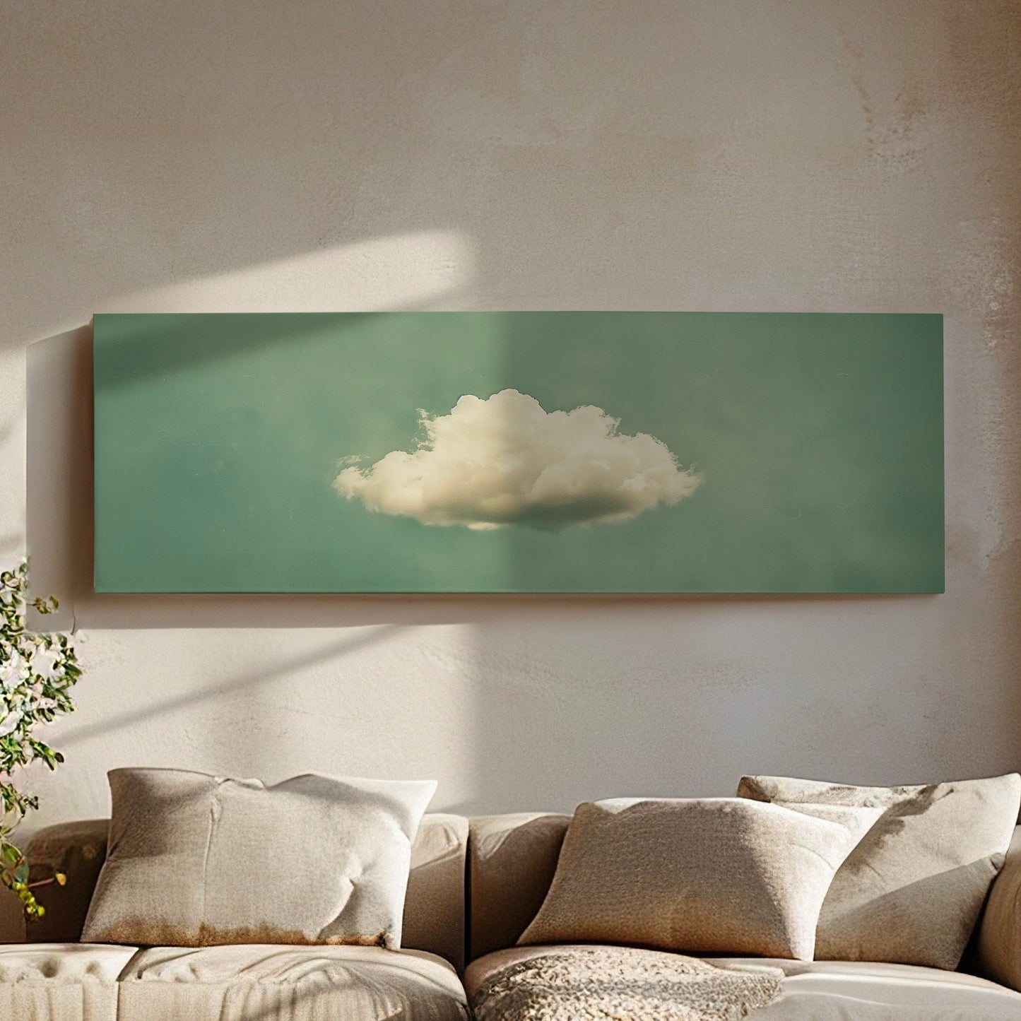 Moody Cloud Long Horizontal Wall Art For Living Room, Panoramic Sage Green Sky Canvas Print, Minimalist Decor Canvas Art