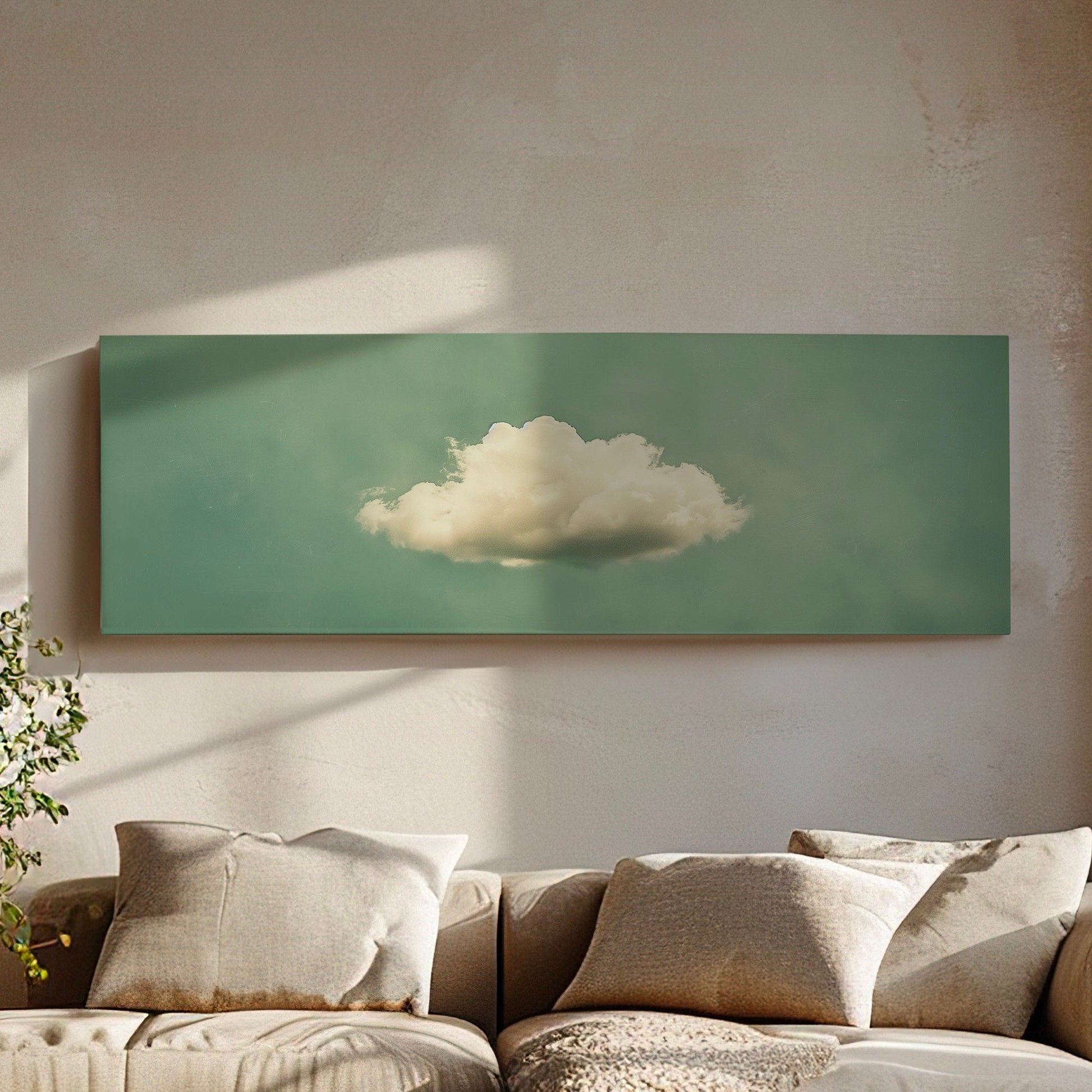 Moody Cloud Long Horizontal Wall Art For Living Room, Panoramic Sage Green Sky Canvas Print, Minimalist Decor Canvas Art