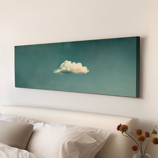 Moody Cloud Long Horizontal Wall Art Above Bed, Panoramic Peaceful Canvas Print, Minimalist Decor Canvas Art