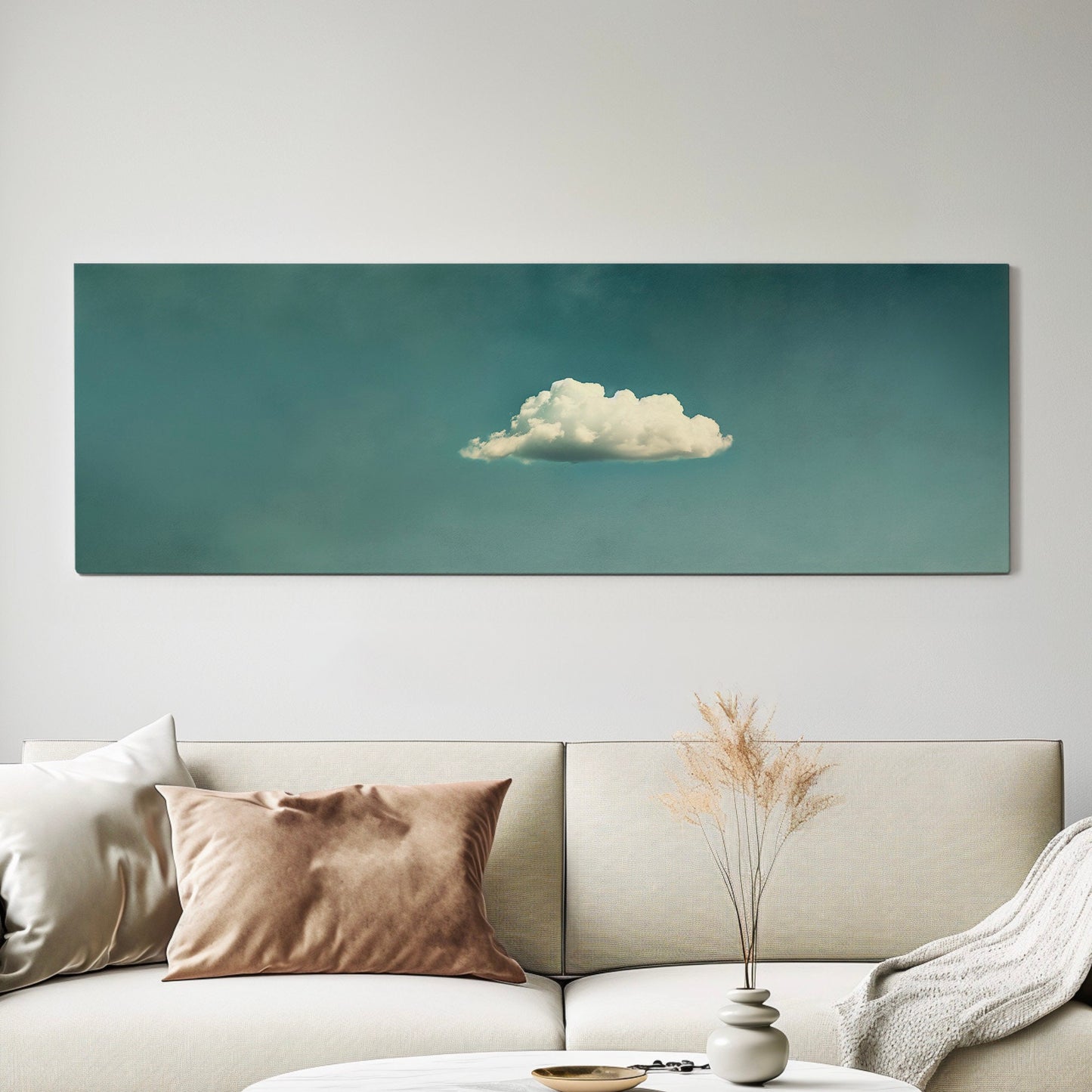Moody Cloud Long Horizontal Wall Art Above Bed, Panoramic Peaceful Canvas Print, Minimalist Decor Canvas Art