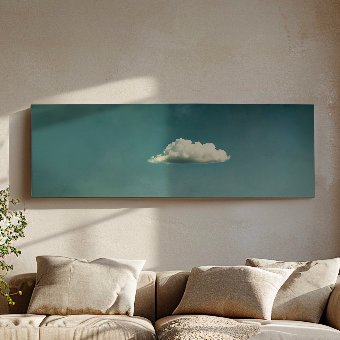 Moody Cloud Long Horizontal Wall Art Above Bed, Panoramic Peaceful Canvas Print, Minimalist Decor Canvas Art
