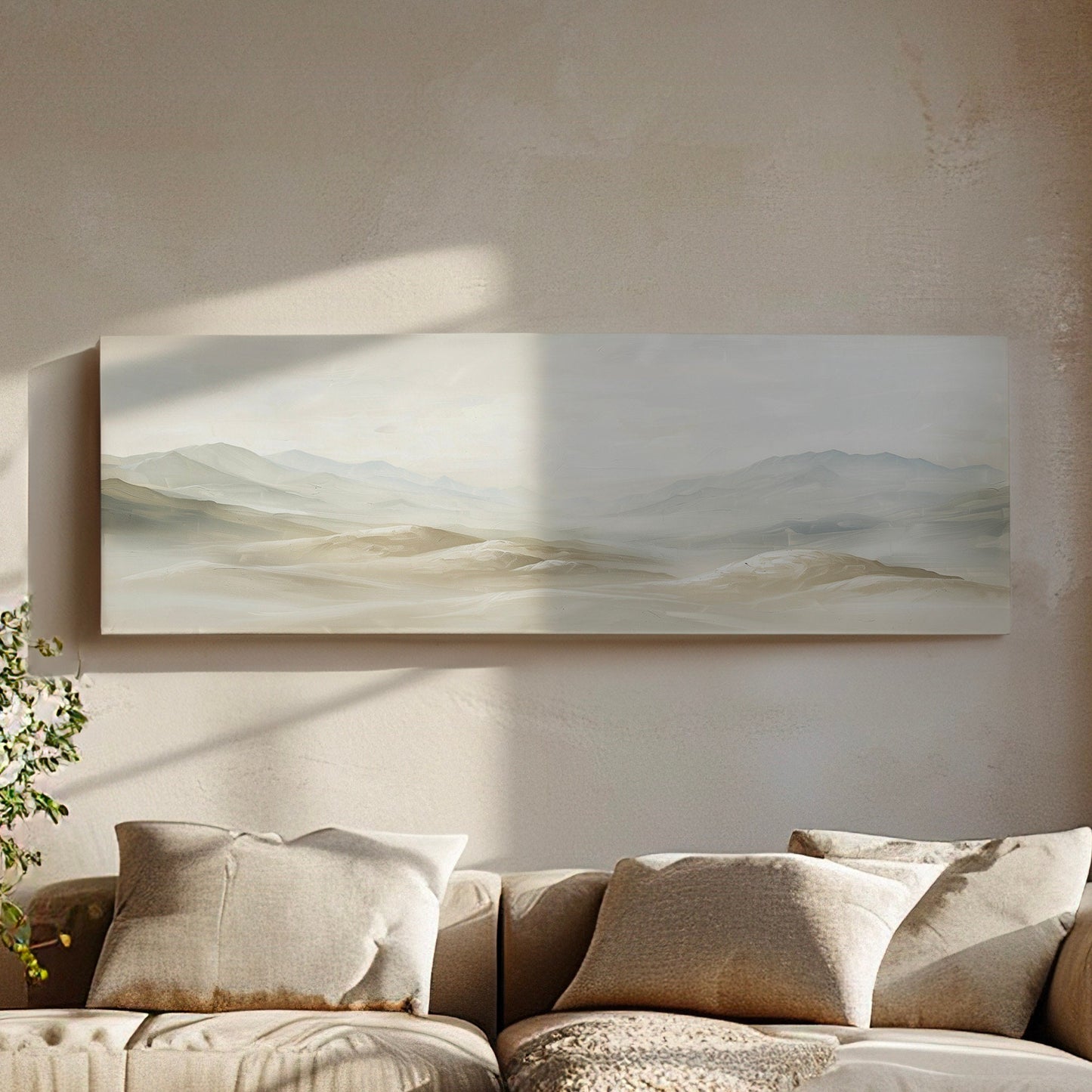 Minimalist Mountain Landscape Long Horizontal Wall Art For Living Room, Panoramic Earthy Canvas Print, Peaceful Decor Canvas Art