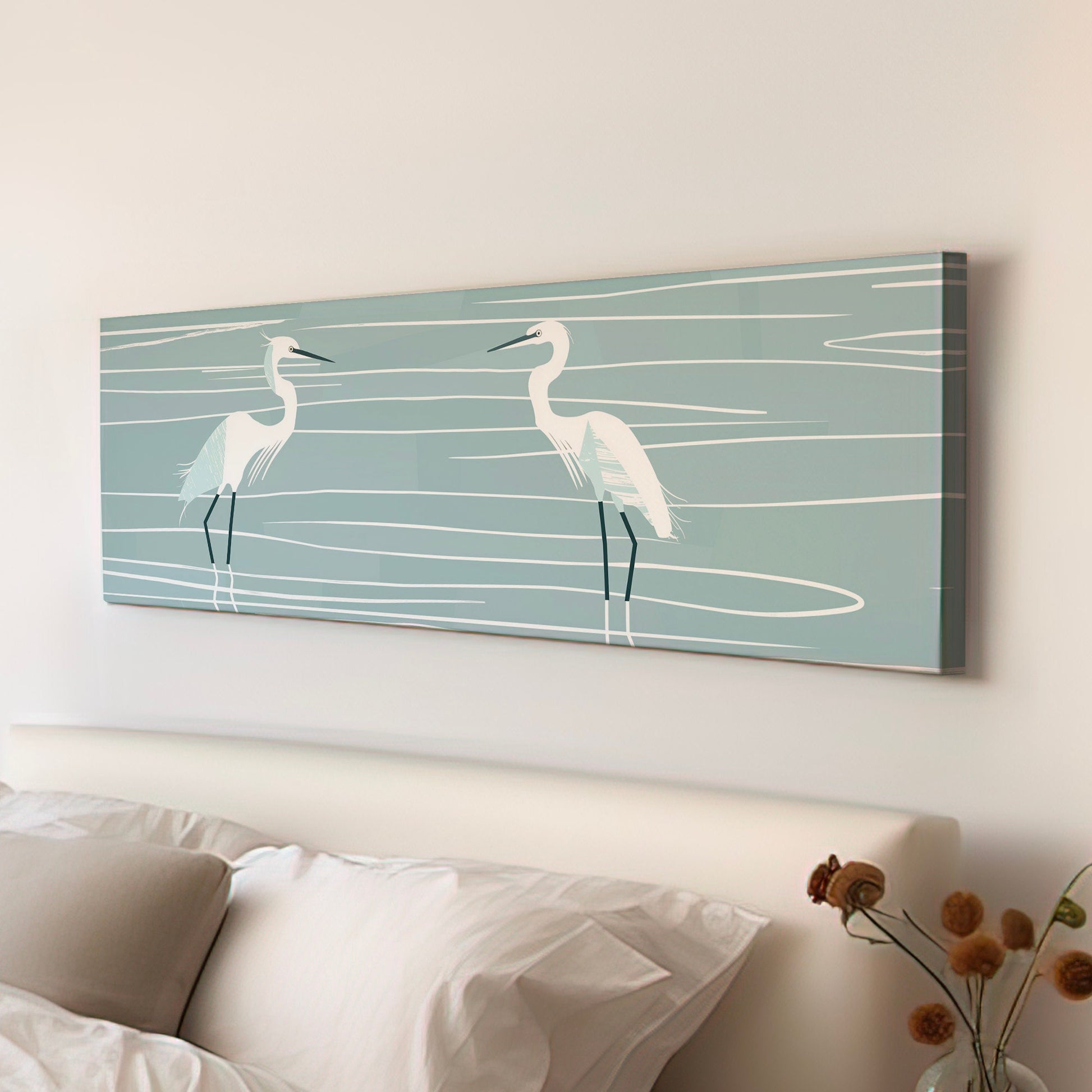 Minimalist Heron Long Horizontal Wall Art For Living Room, Panoramic Illustration Canvas Print, Peaceful Decor Canvas Art