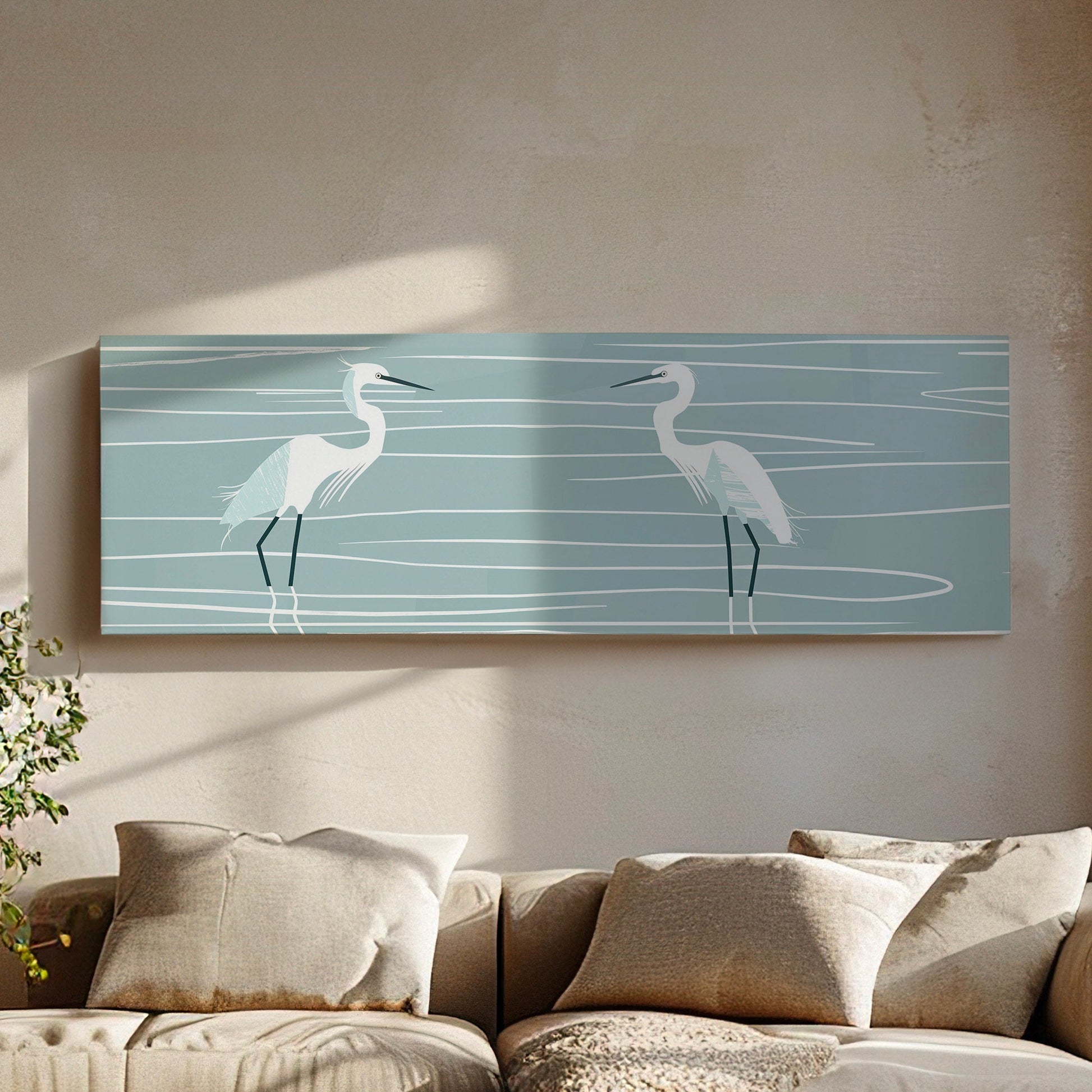 Minimalist Heron Long Horizontal Wall Art For Living Room, Panoramic Illustration Canvas Print, Peaceful Decor Canvas Art